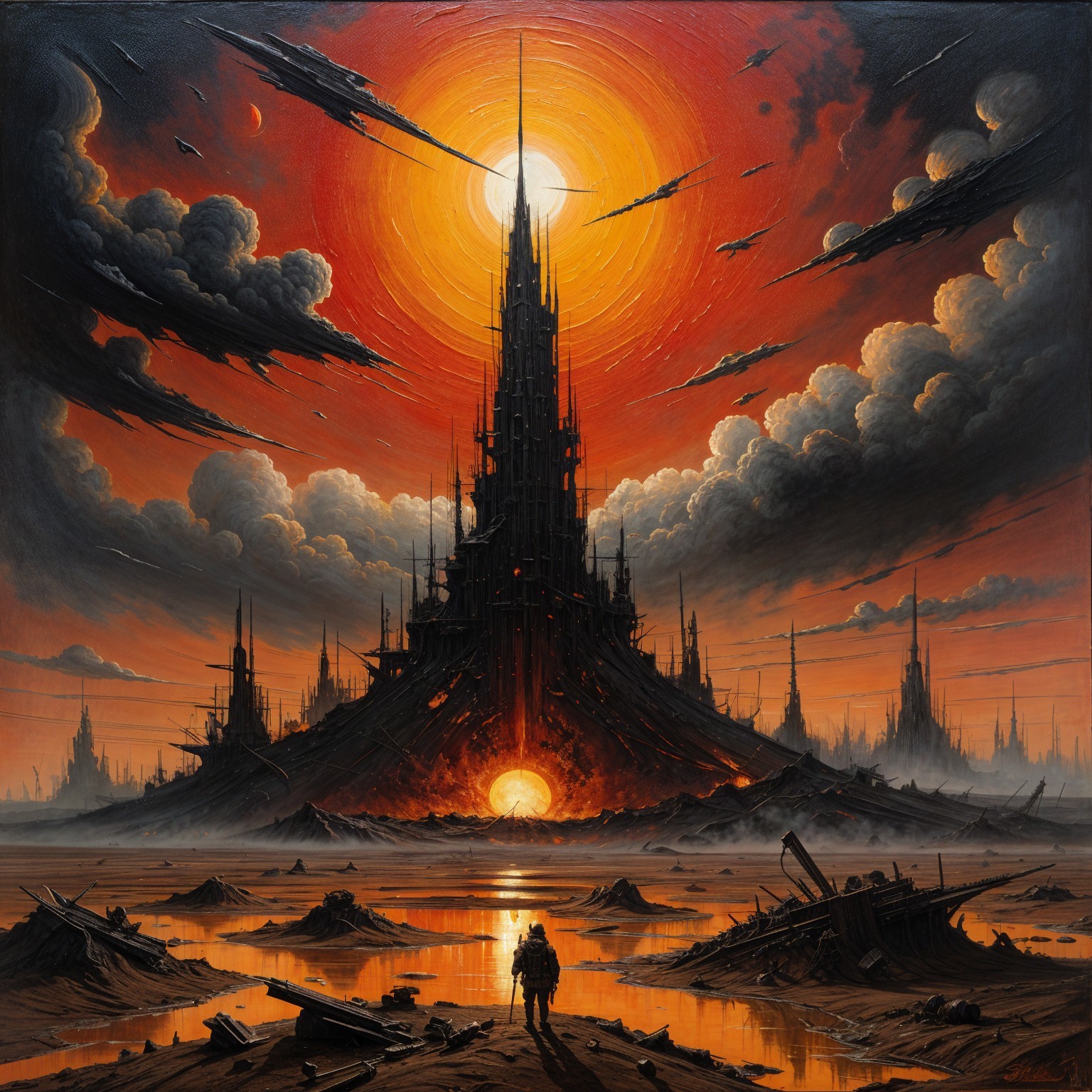Dramatic Landscape with Dark Citadel and Sunset