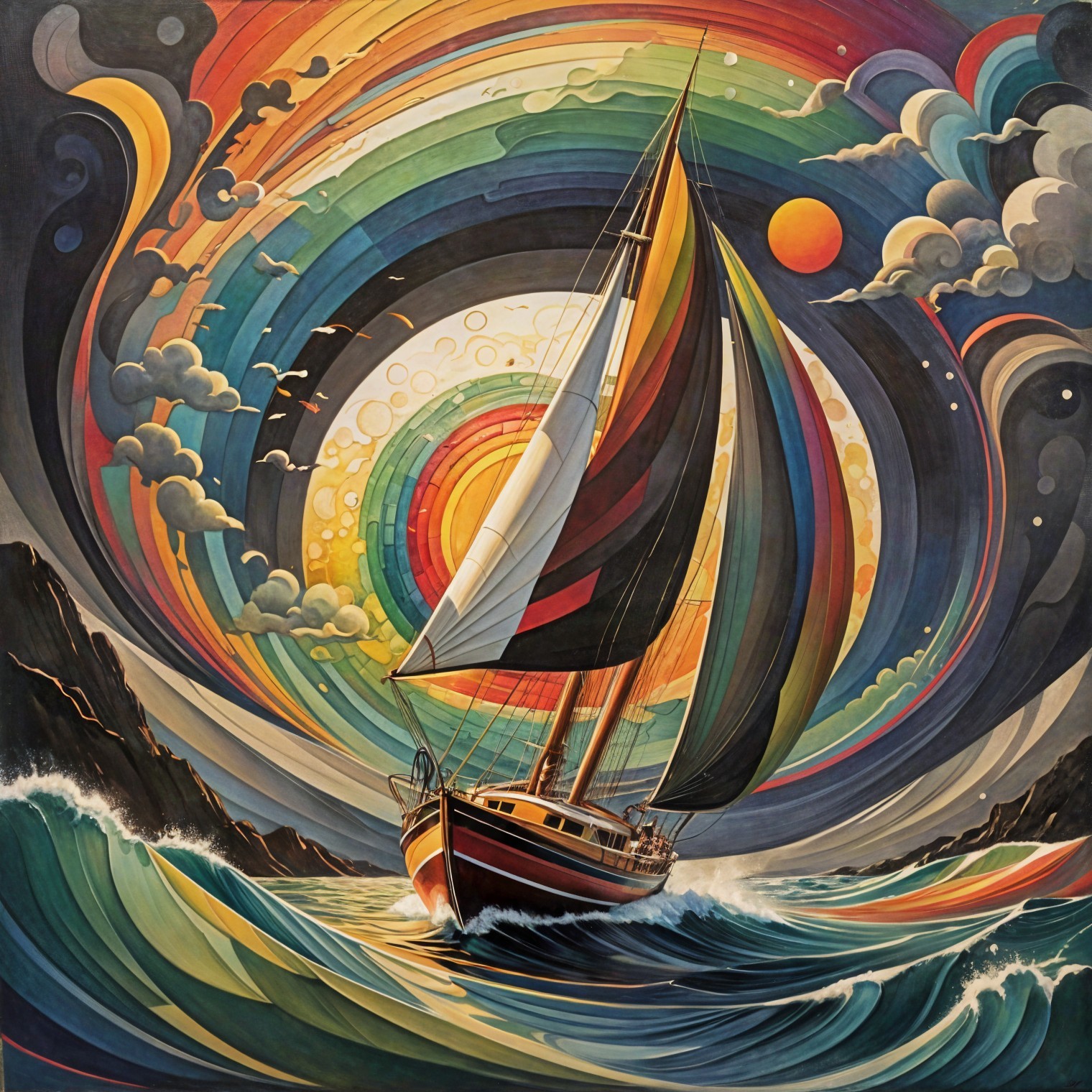 Abstract Painting of a Colorful Sailing Ship at Sea