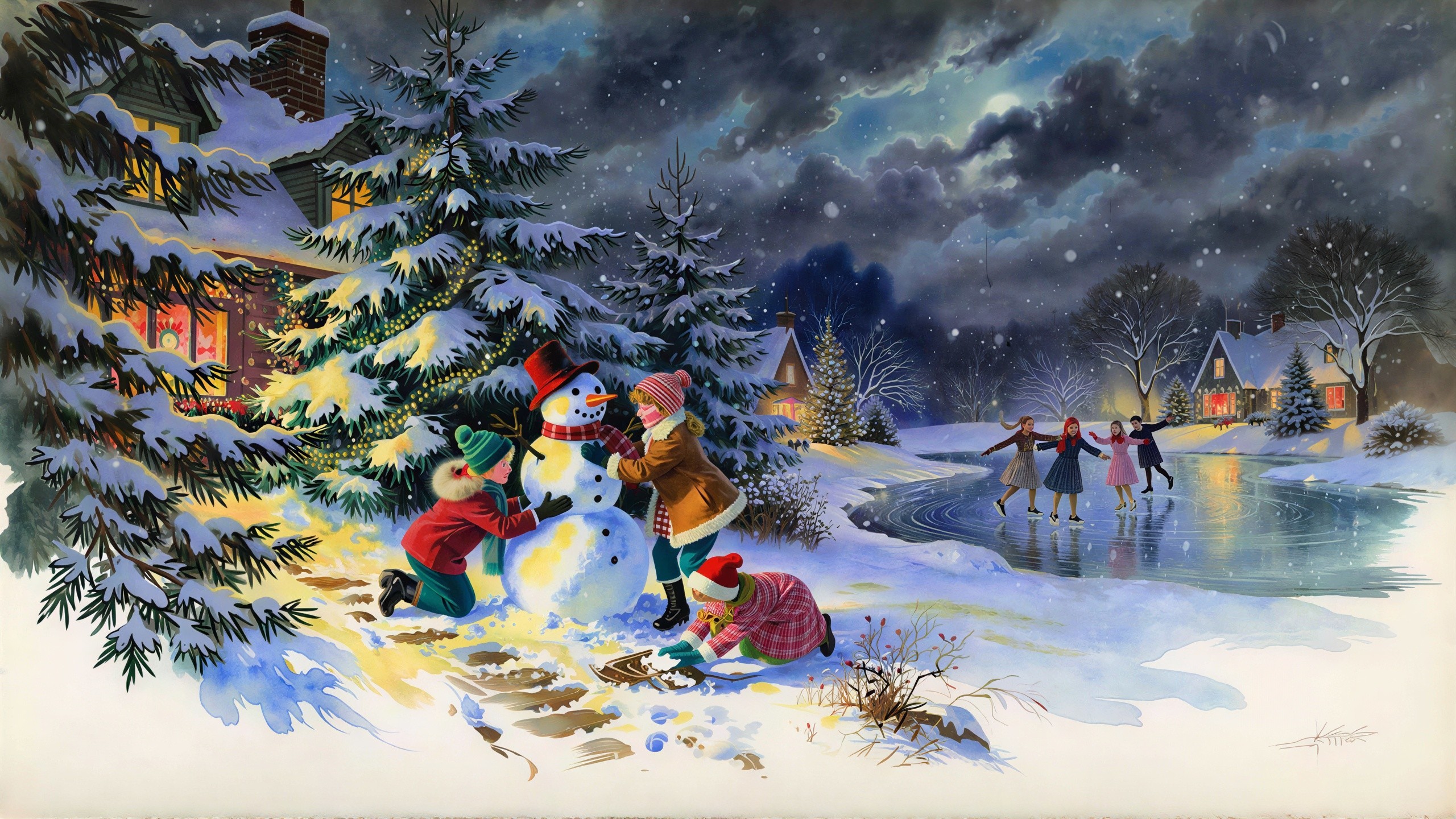 Wintry Night Scene with Children Building a Snowman