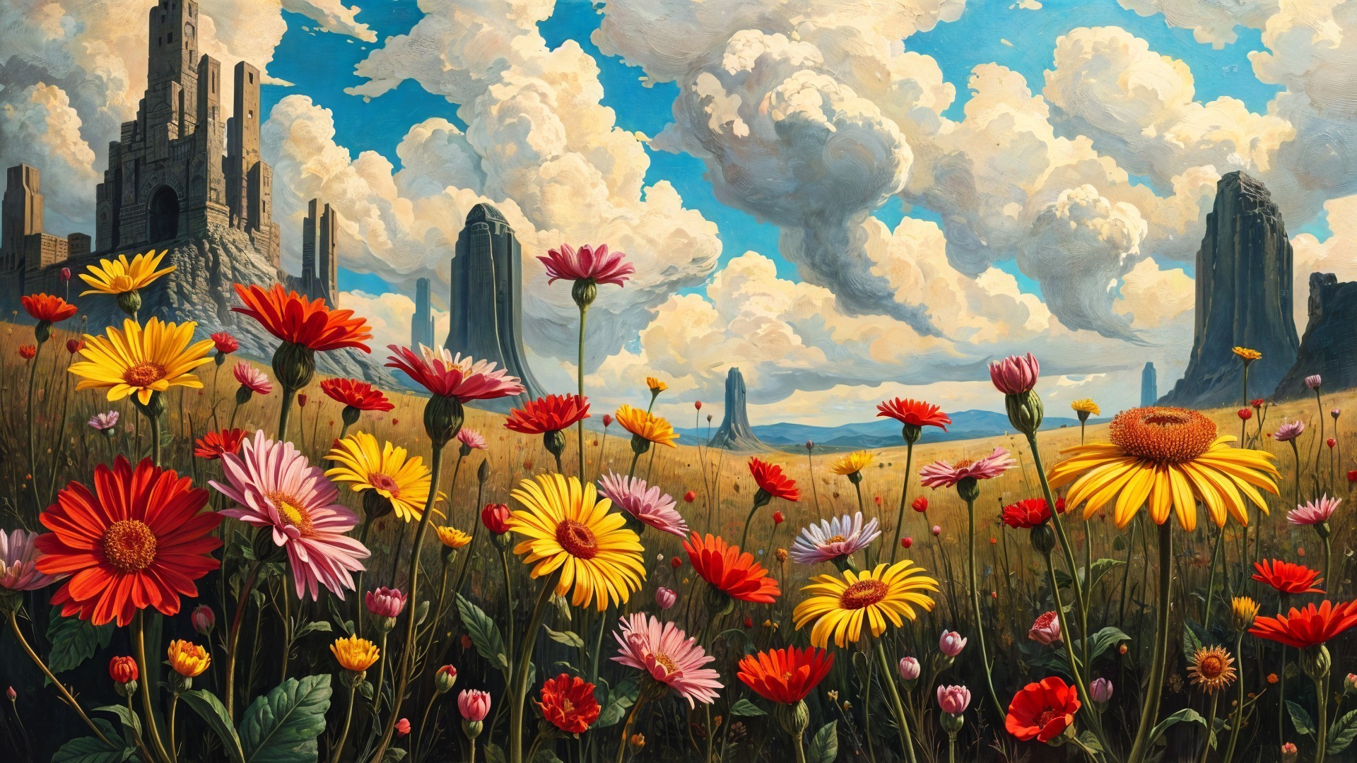 Vibrant Landscape with Colorful Flowers and Castle