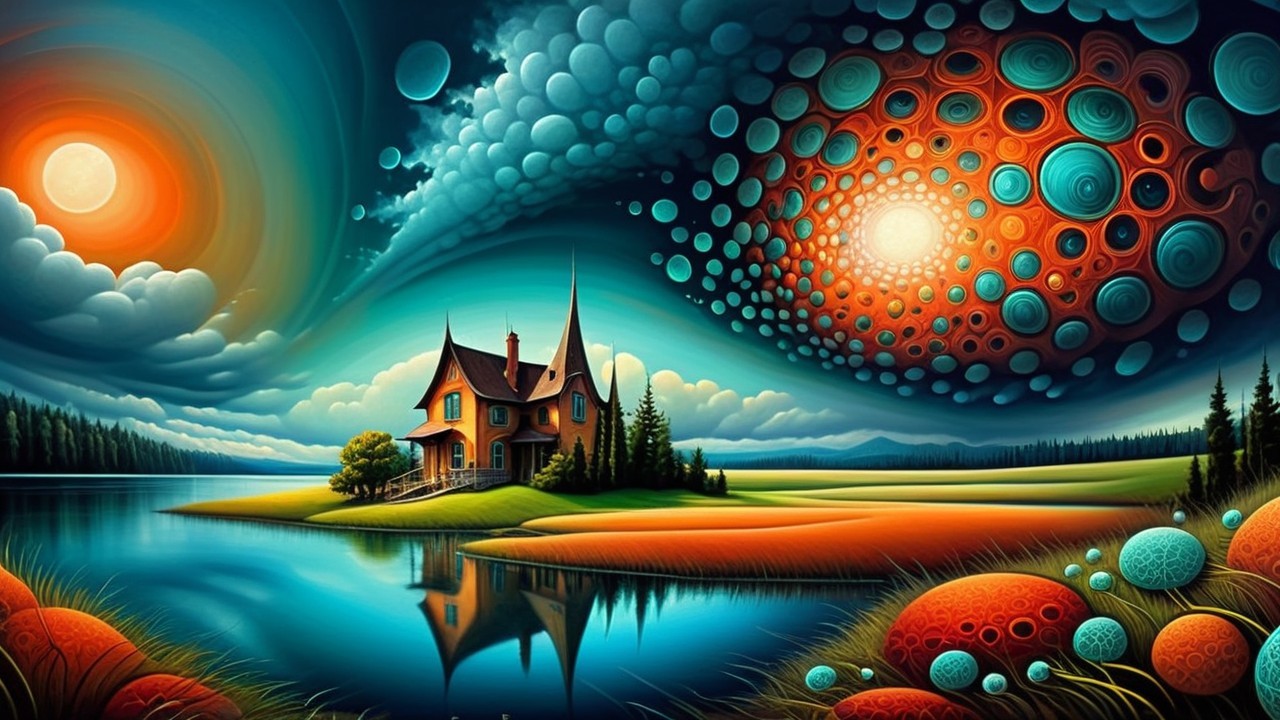 Surreal Landscape with Whimsical House and Lake