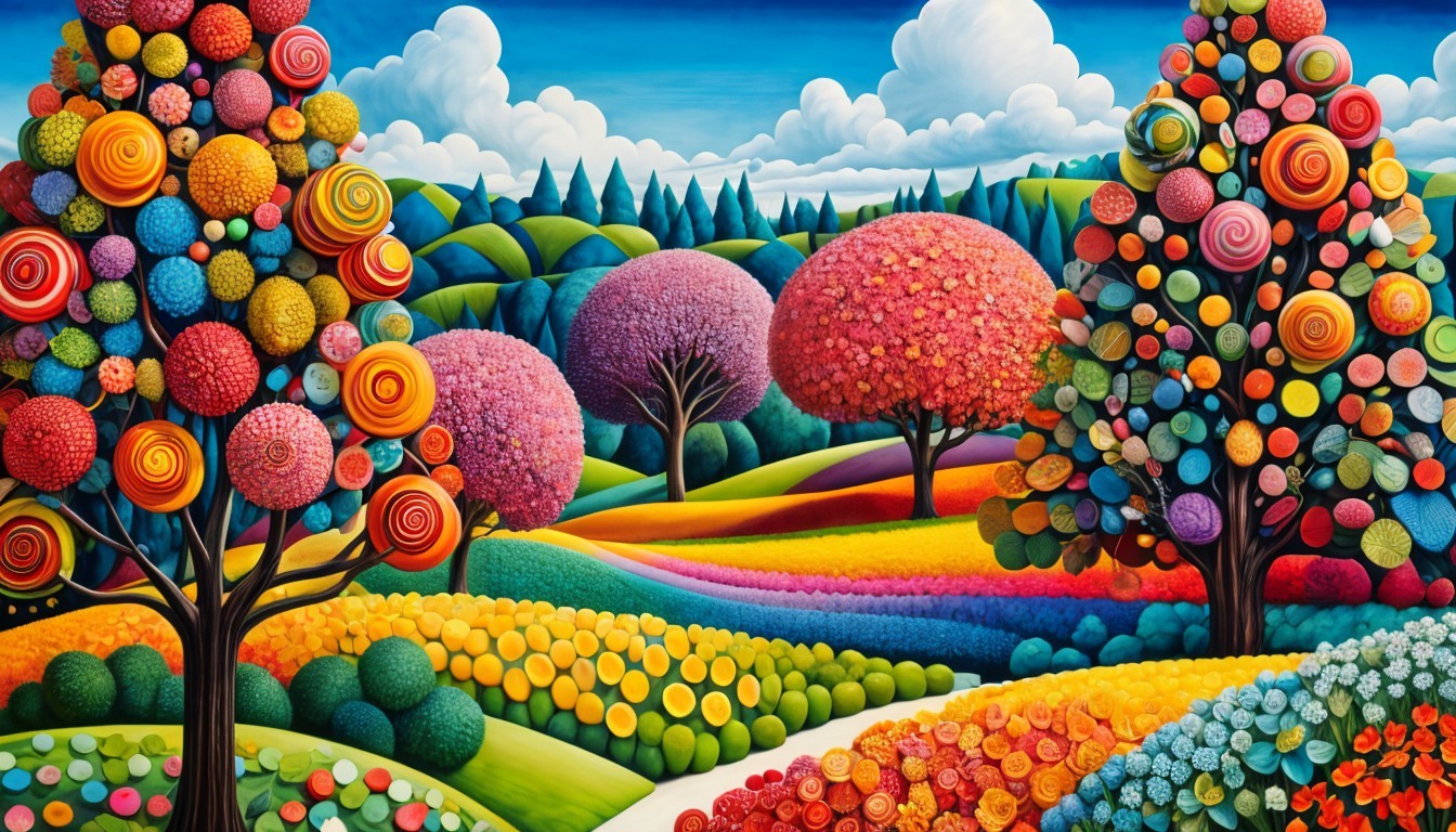 Vibrant Whimsical Landscape with Colorful Trees
