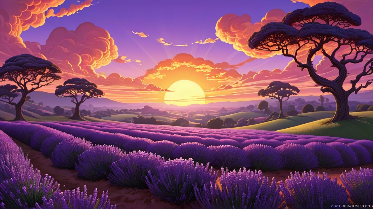 Vibrant Sunset Over Lavender Fields and Rolling Hills