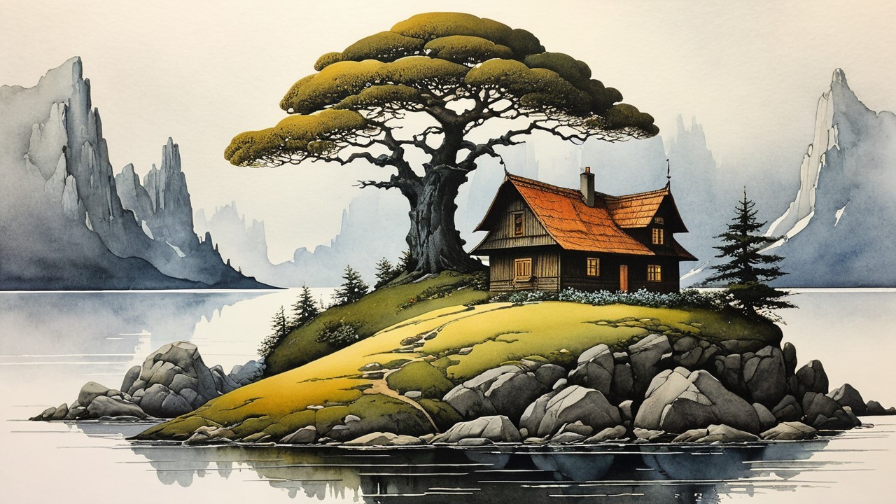 Serene landscape with cabin on a lush green island