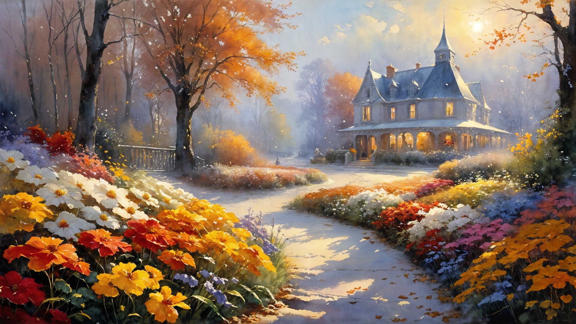 Victorian House Surrounded by Vibrant Autumn Garden