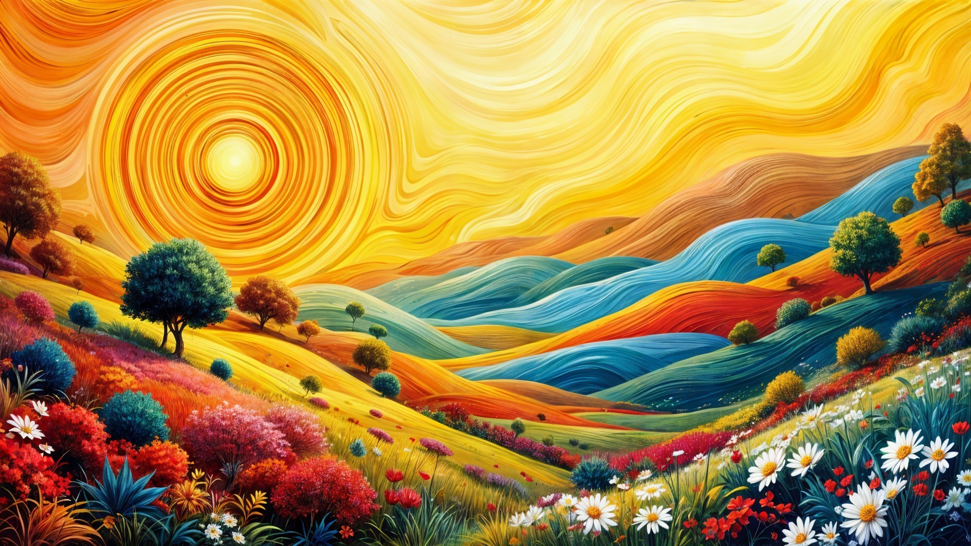 Vibrant Landscape with Colorful Patterns and Flowers