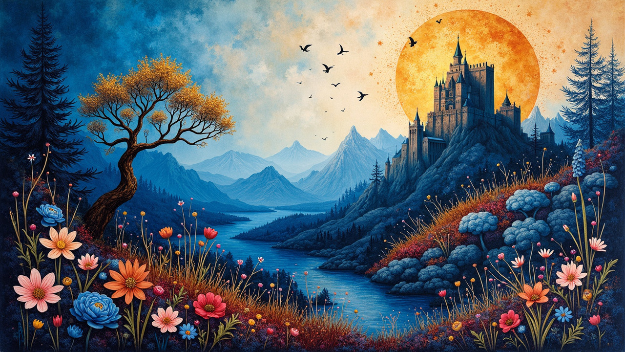 Majestic Castle Landscape with Mountains and Sunlight