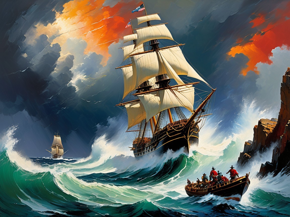 Dramatic Seascape with Tall Ship and Stormy Waves