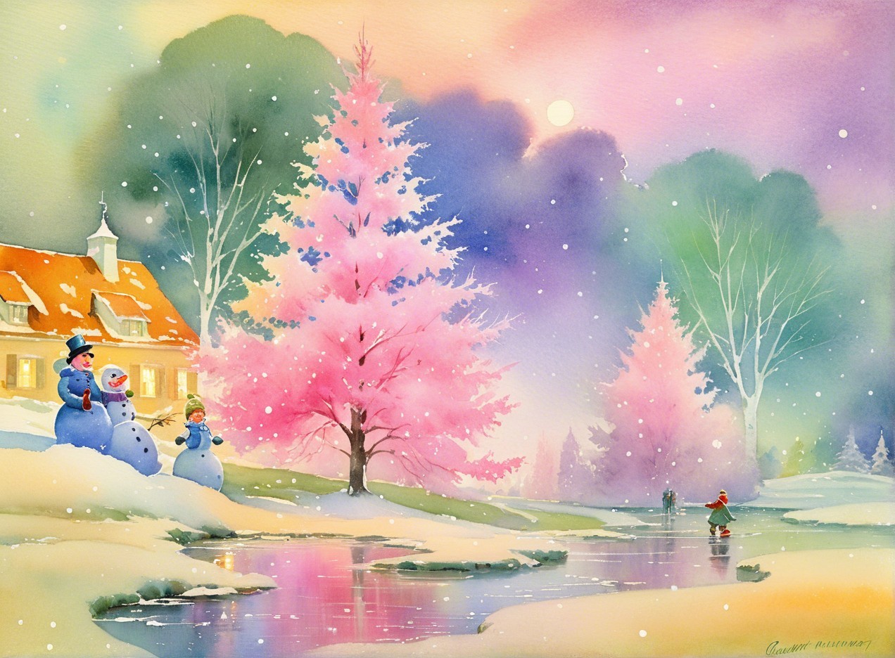 Whimsical Watercolor of Winter Wonderland Landscape