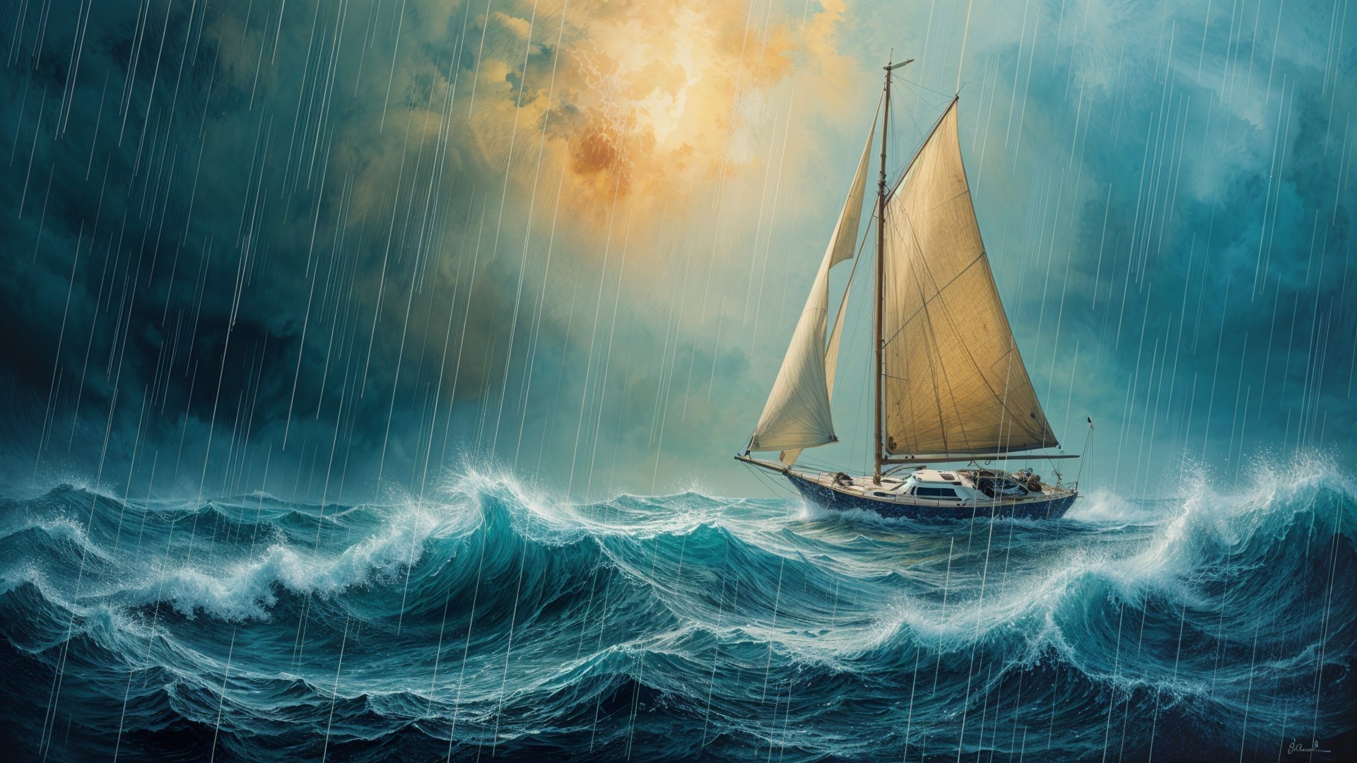 Sailboat Navigating Stormy Waters Under Dark Clouds