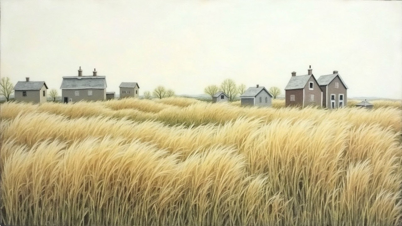Serene Rural Landscape with Quaint Houses and Grasses