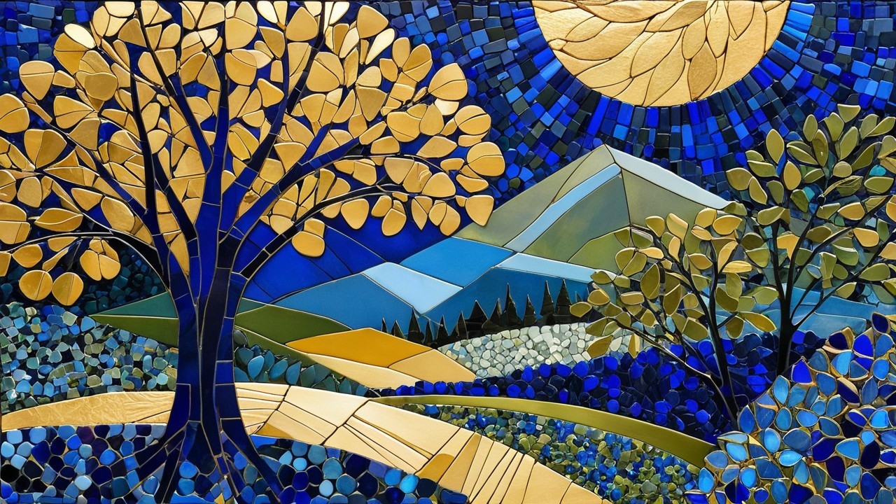 Vibrant Mosaic Landscape with Golden and Blue Hues