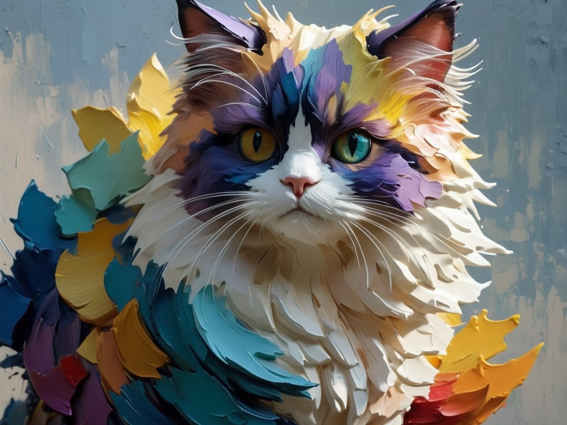 Stylized Cat with Vibrant Multicolored Coat and Eyes