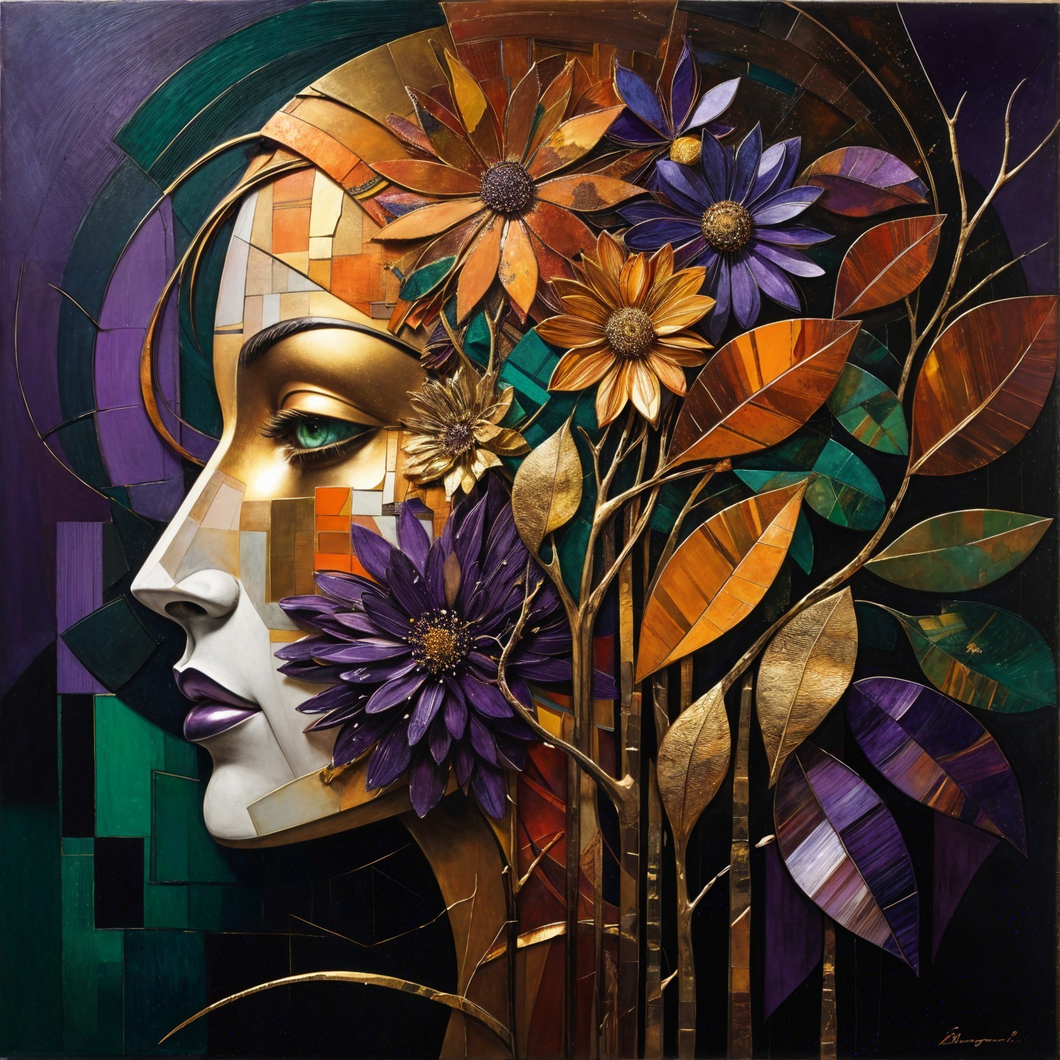 Stylized Female Face with Mosaic Design and Flowers