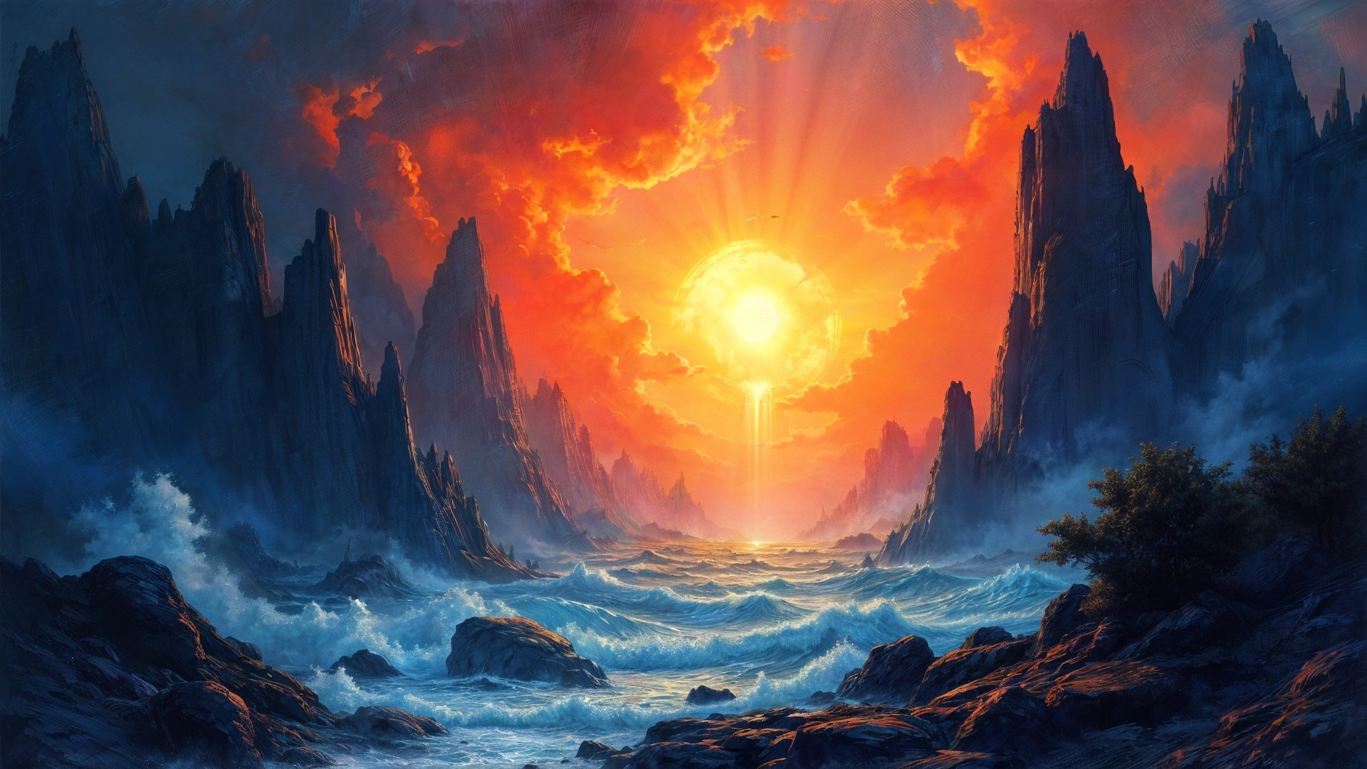 Dramatic Sunset Over Turbulent Ocean and Rocky Cliffs