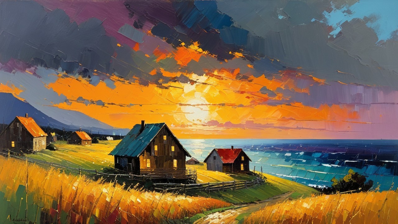 Vibrant Sunset Landscape with Cottages and Hills