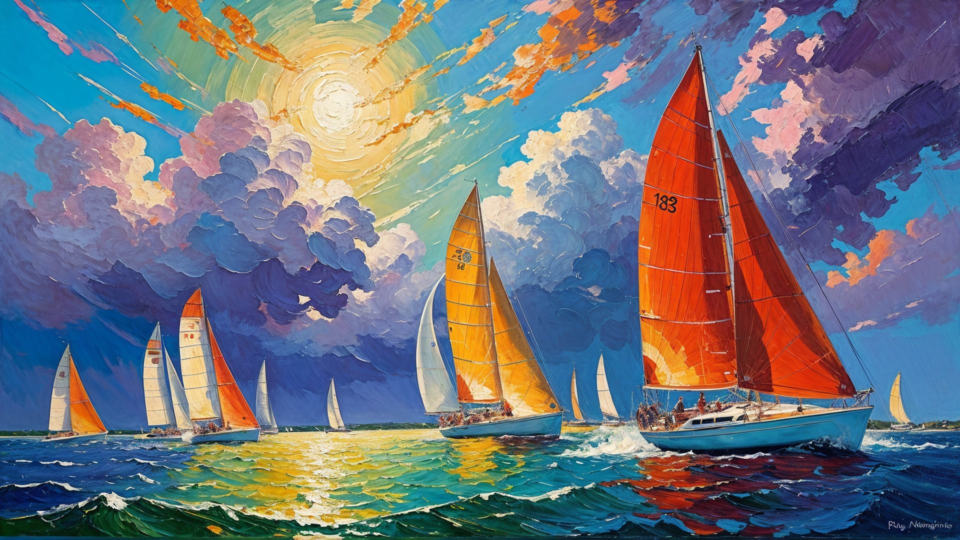 Vibrant Seascape with Colorful Sailboats and Waves