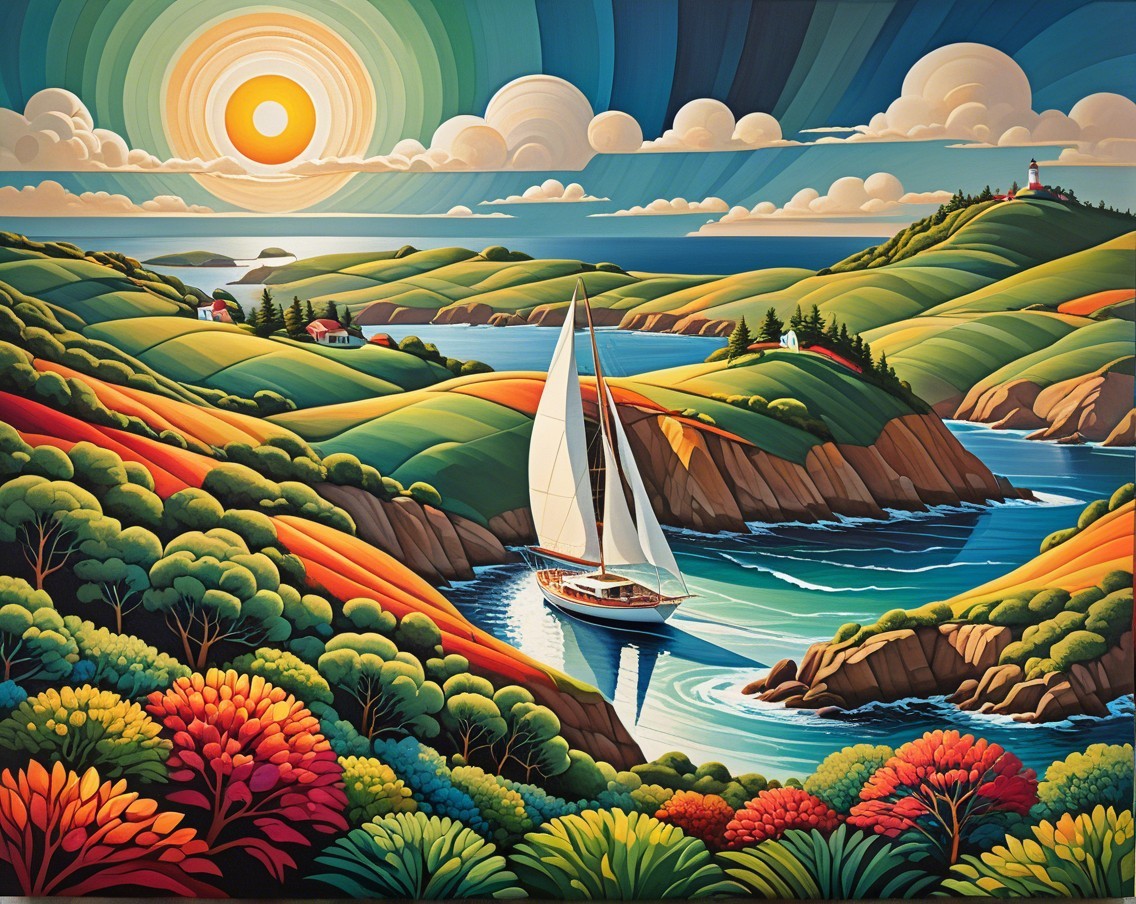 Vibrant Landscape with Sailboat and Rolling Hills
