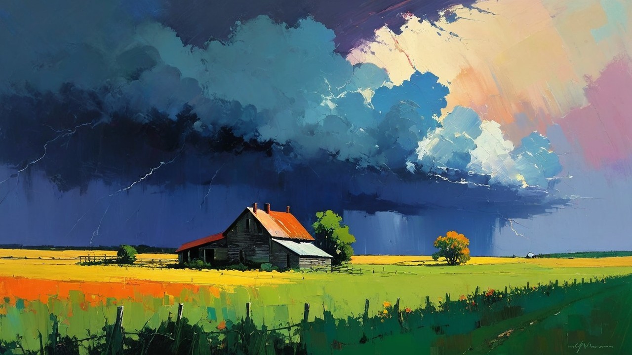 Rustic Barn in Vibrant Landscape with Stormy Sky