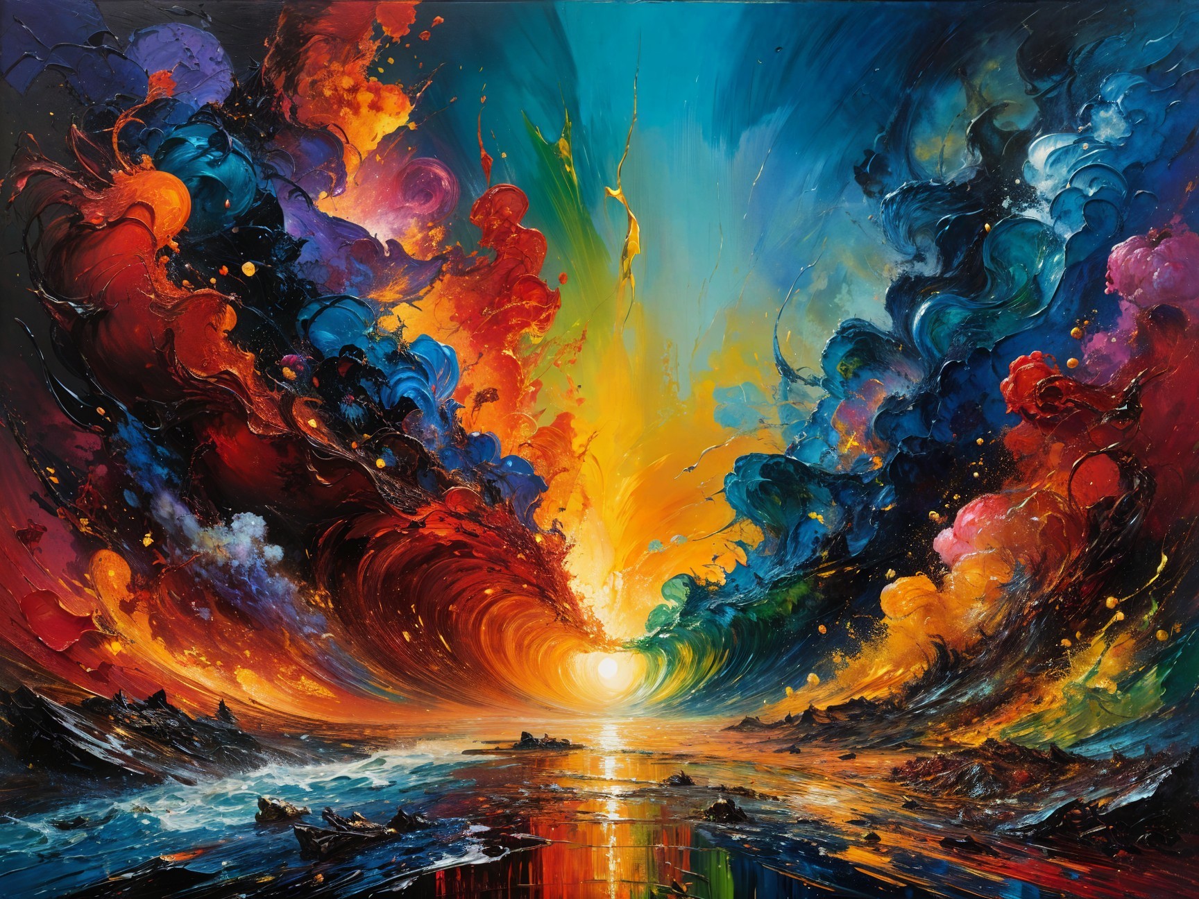 Vibrant Abstract Painting of Swirling Clouds and Sun