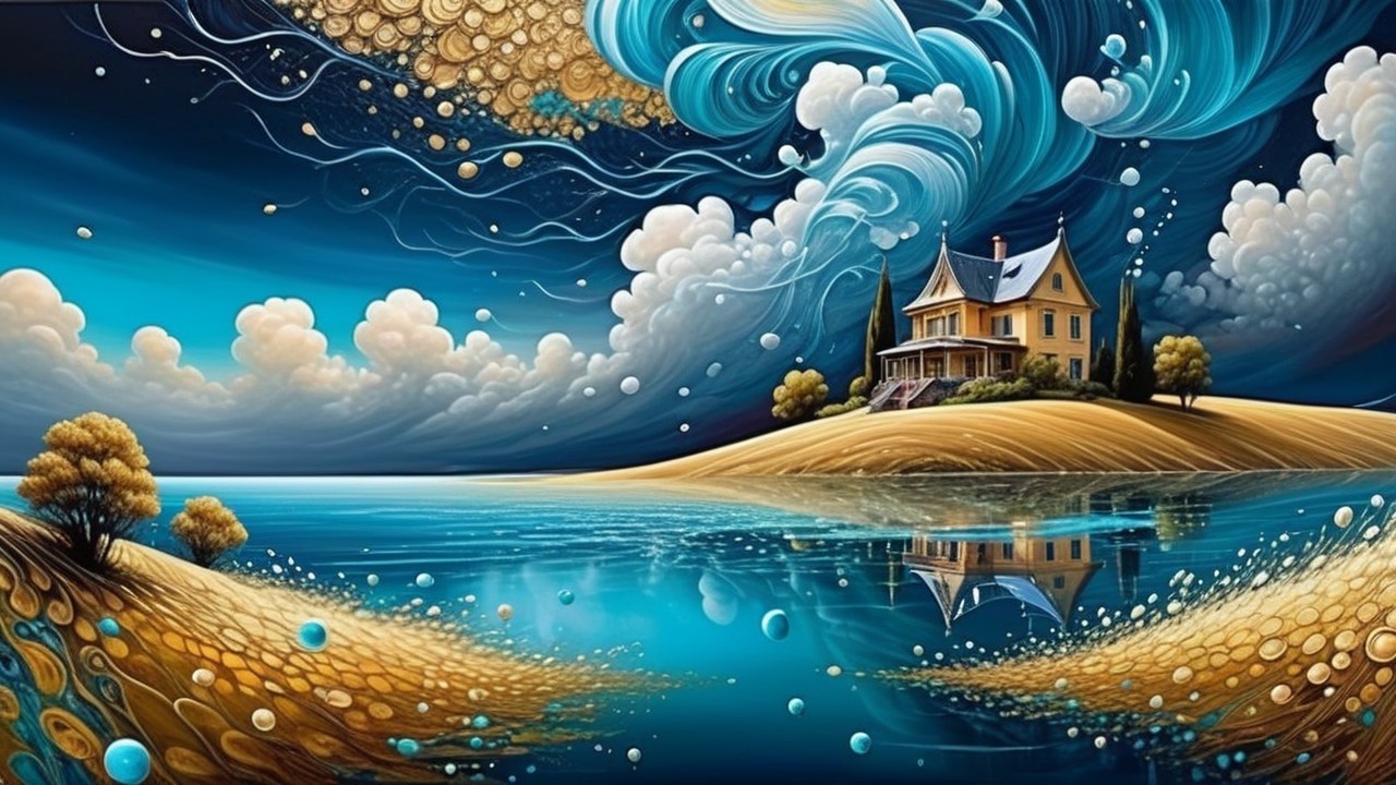 Whimsical Landscape with Yellow House and Blue Waters