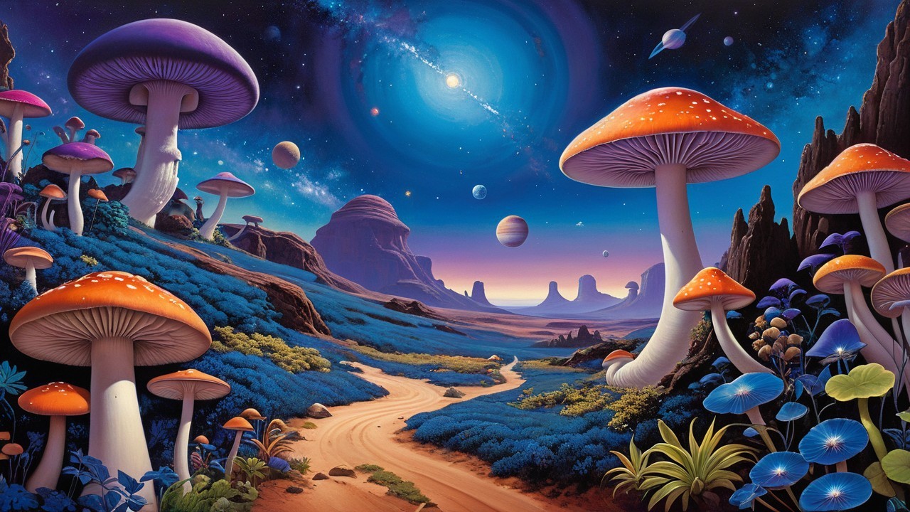 Vibrant Alien Landscape with Colorful Mushrooms and Stars