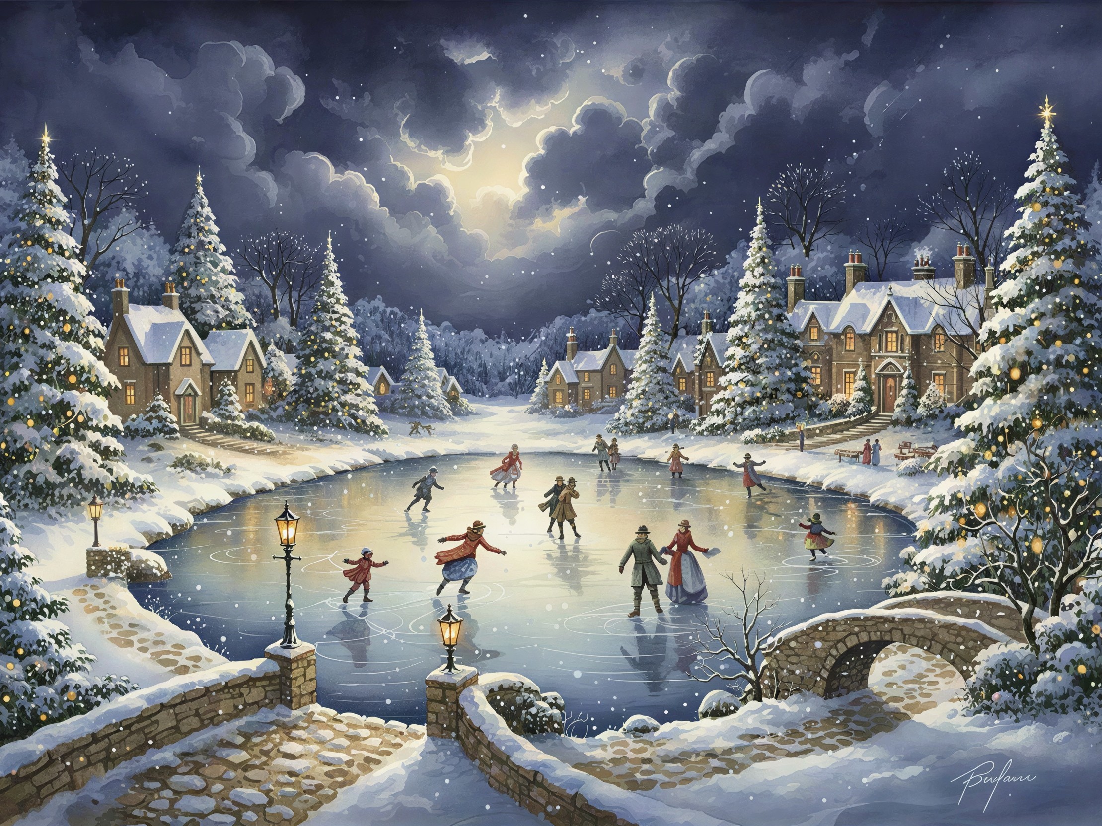 Romantic Winter Ice Skating Scene in Quaint Village