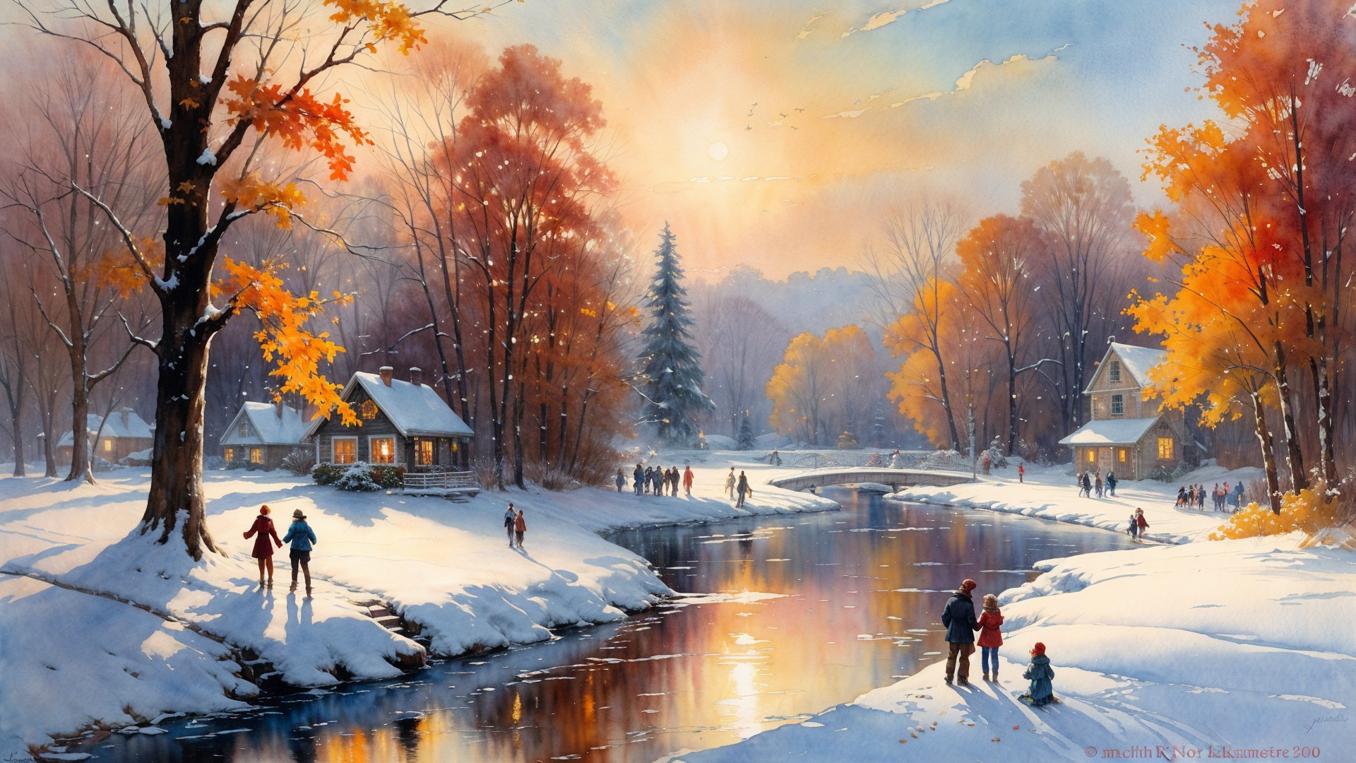 Winter Landscape with Sunset Hues and Snowy Scene