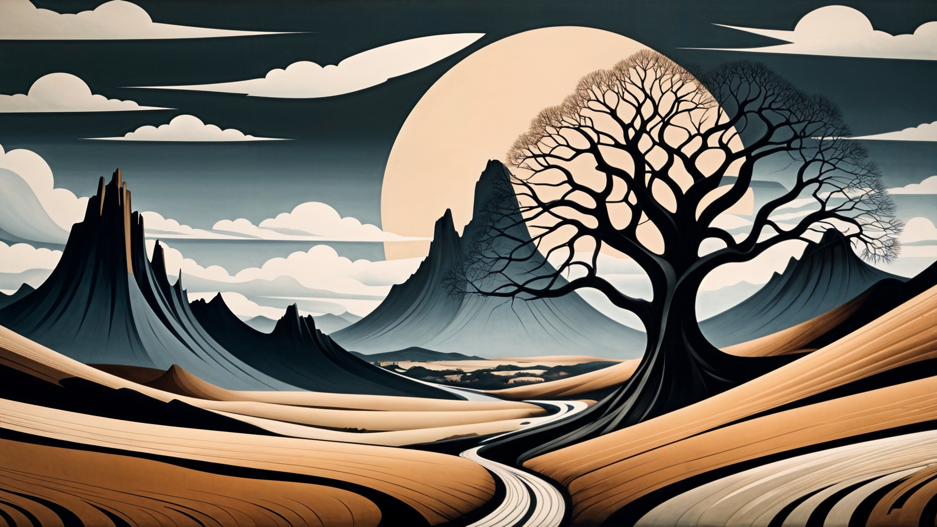 Surreal Landscape with Moon, Mountains, and River
