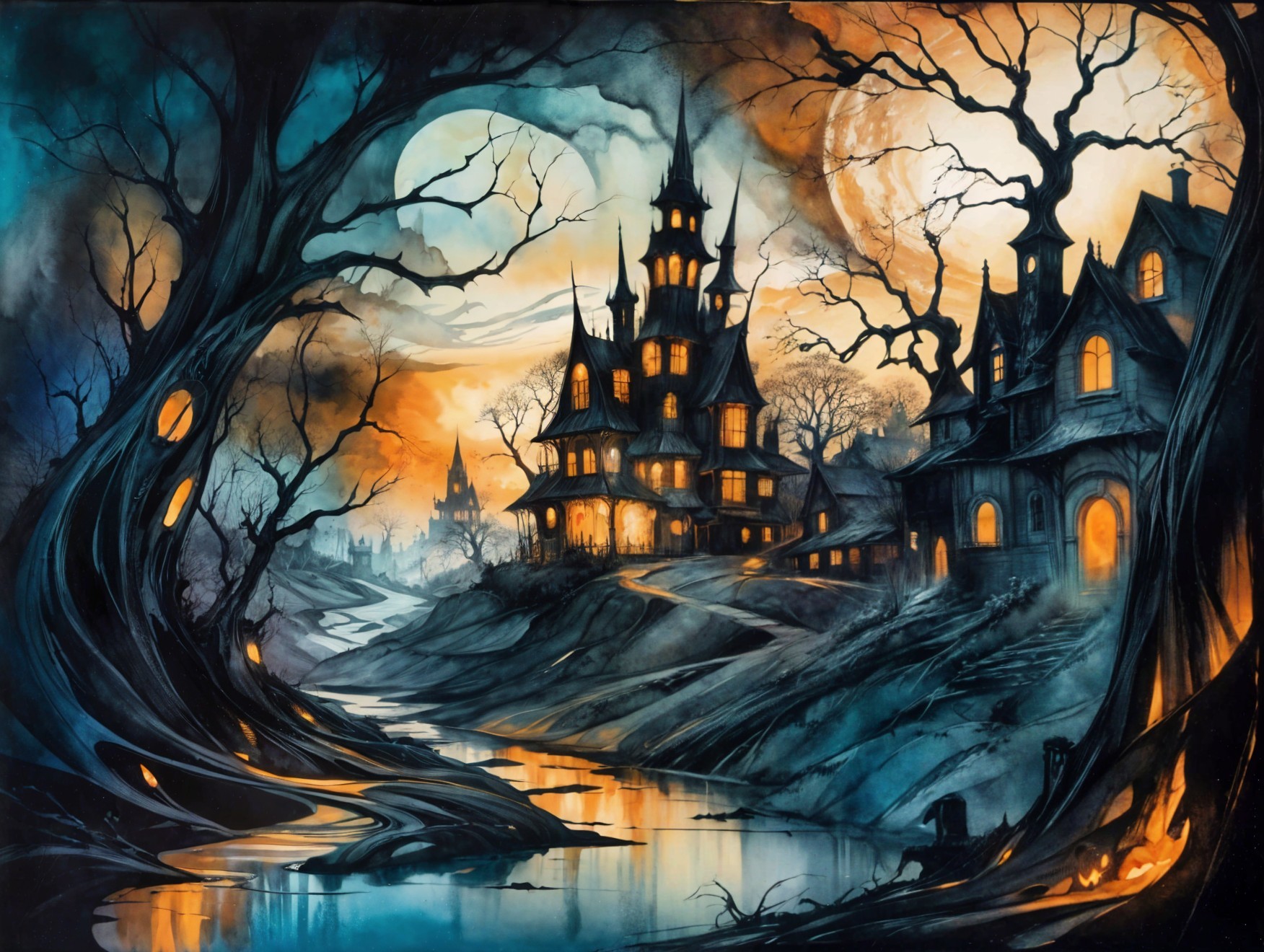 Ominous Mansion in Haunting Twilight Landscape