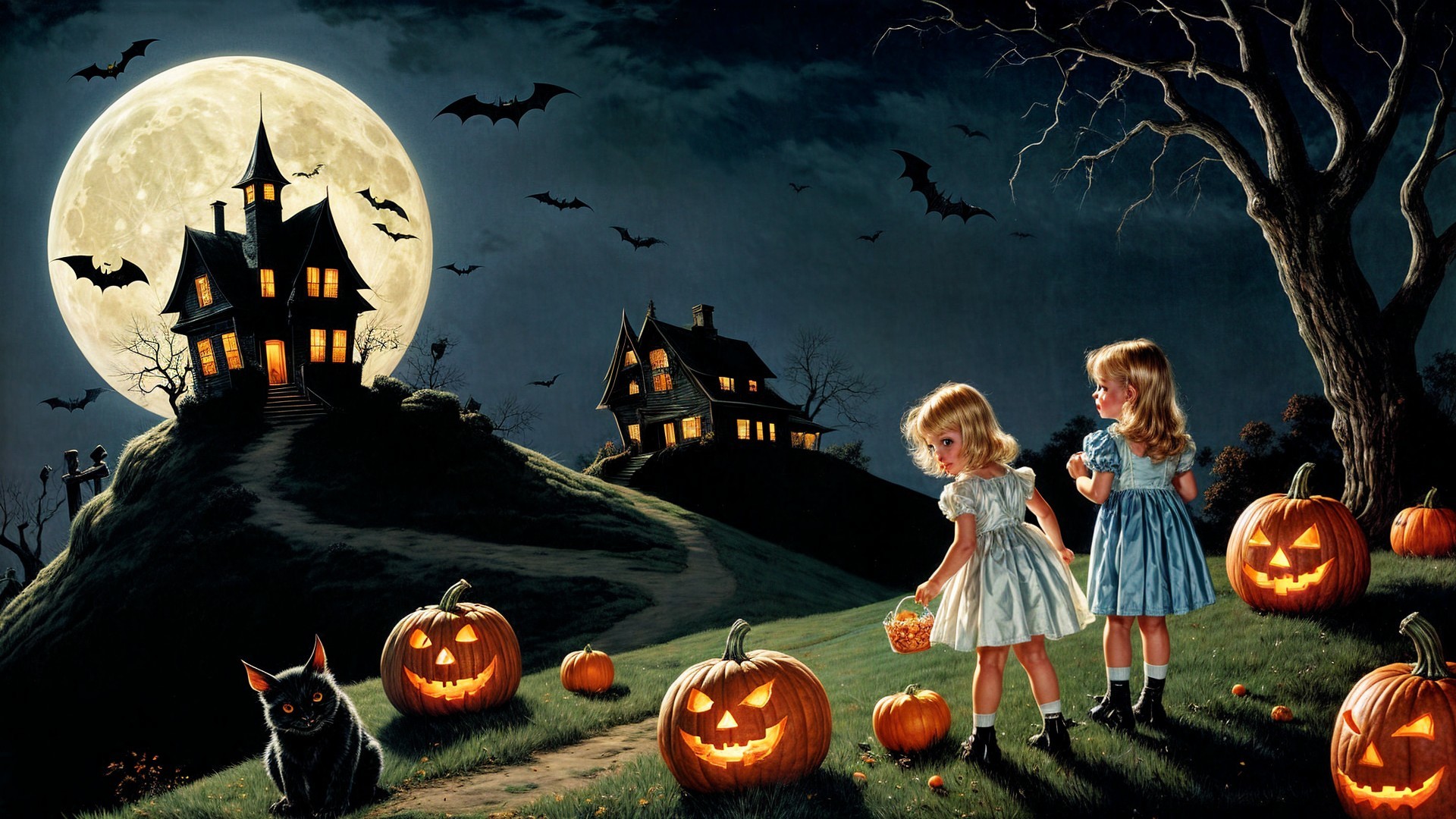 Moonlit Halloween Scene with Girls and Jack-o'-Lanterns