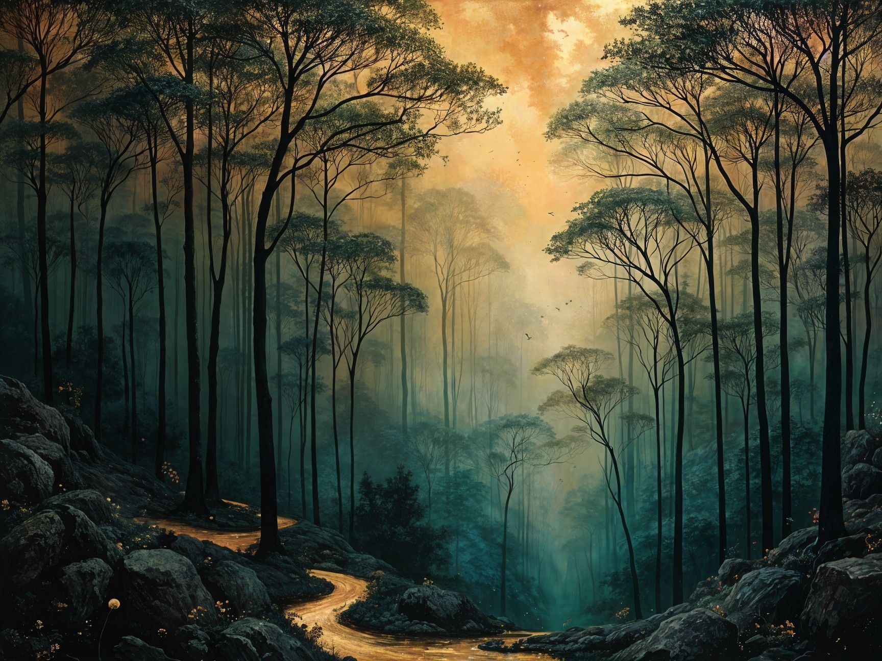 Winding Path Through Misty Forest with Wildflowers