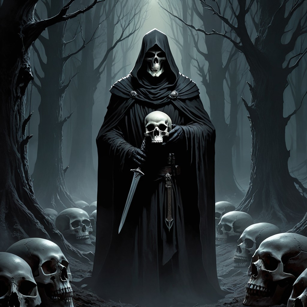 Cloaked Figure in Misty Forest with Skulls and Sword