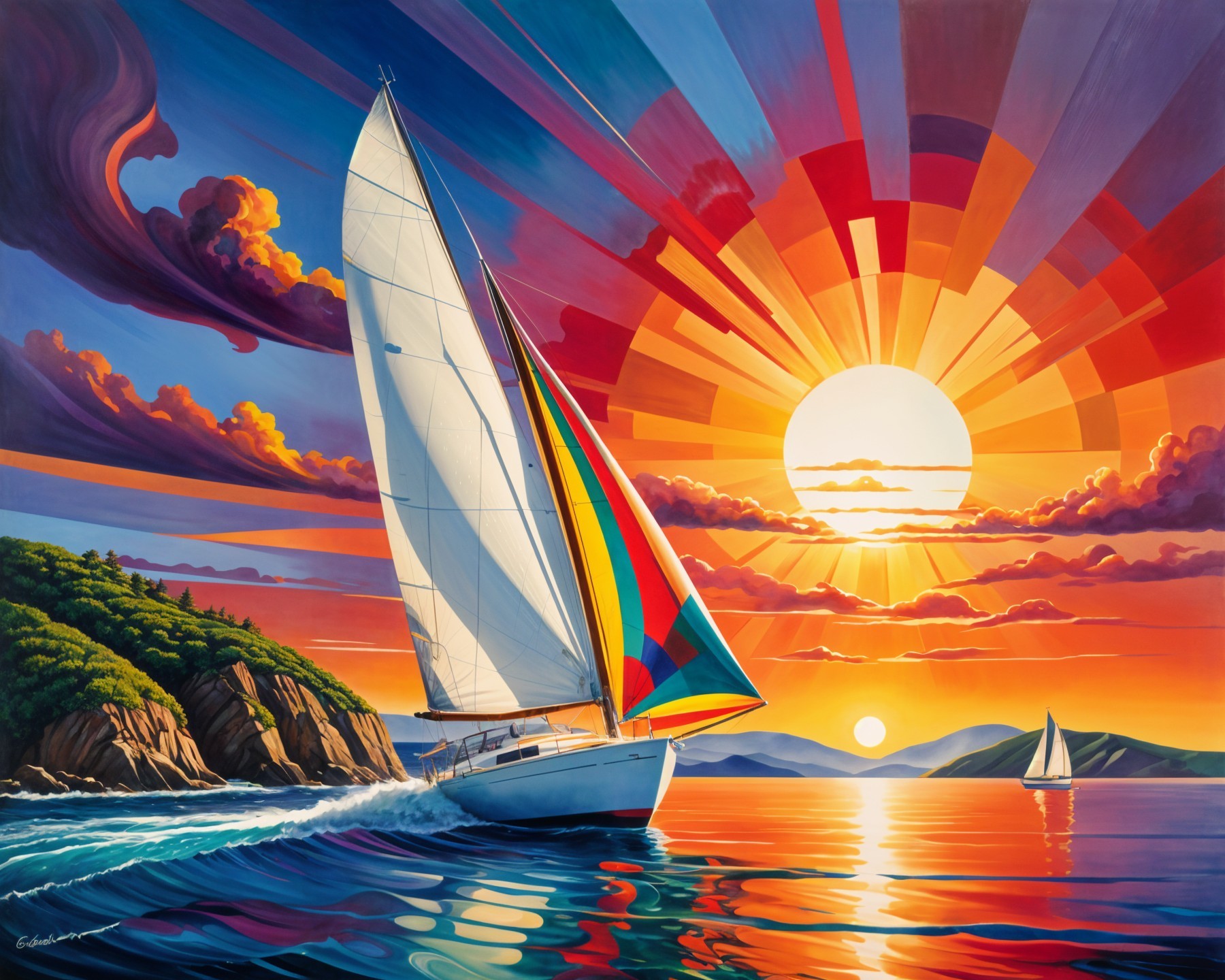 Vibrant Seascape with Sailboat at Sunset