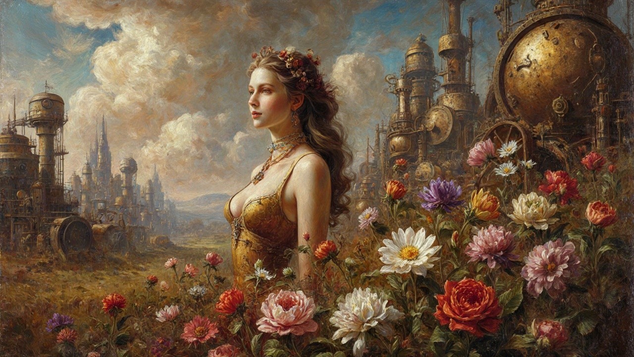 Woman in Golden Dress in Vibrant Garden Scene