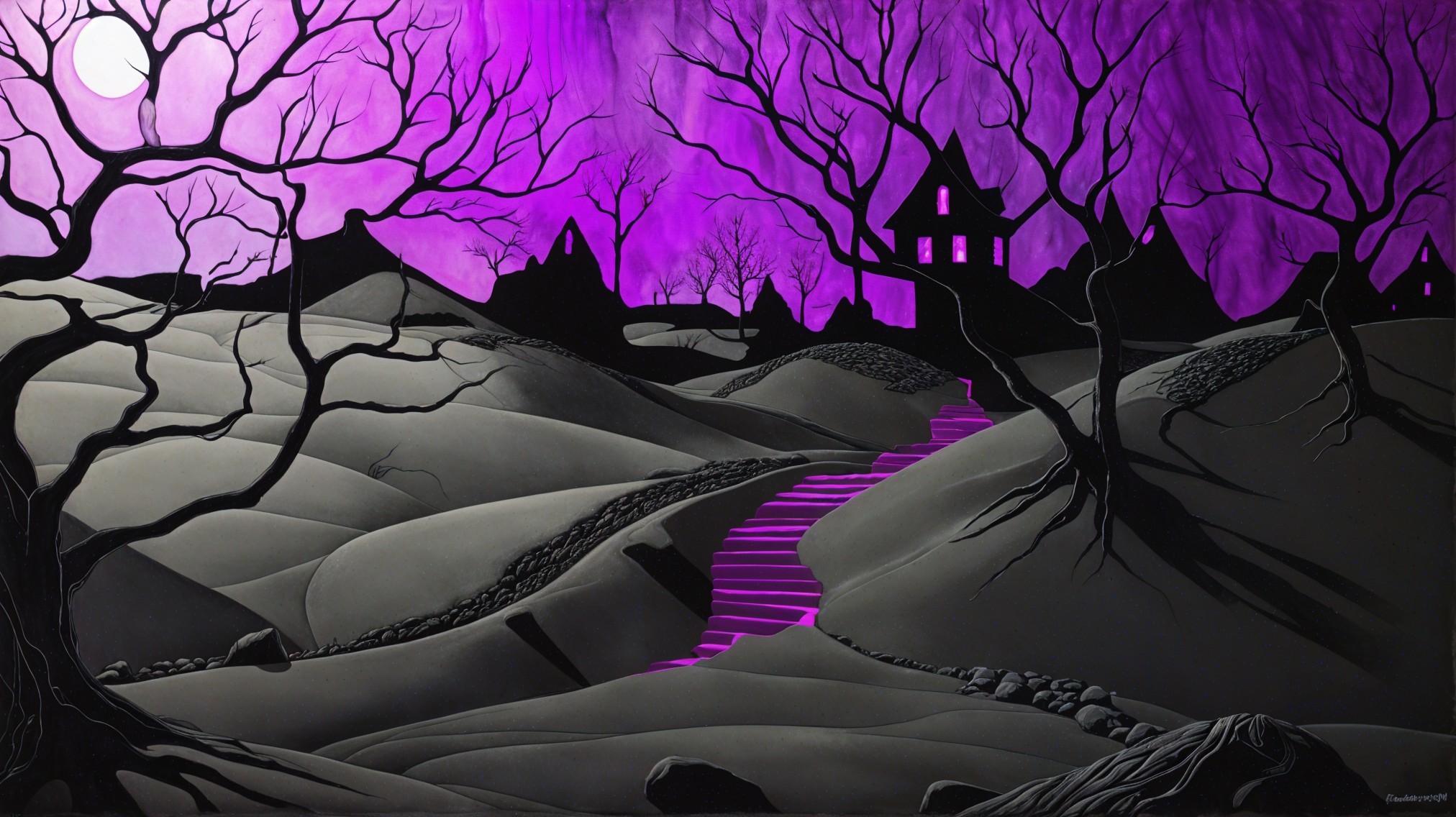 Haunting Landscape with Twisted Trees and Moonlight