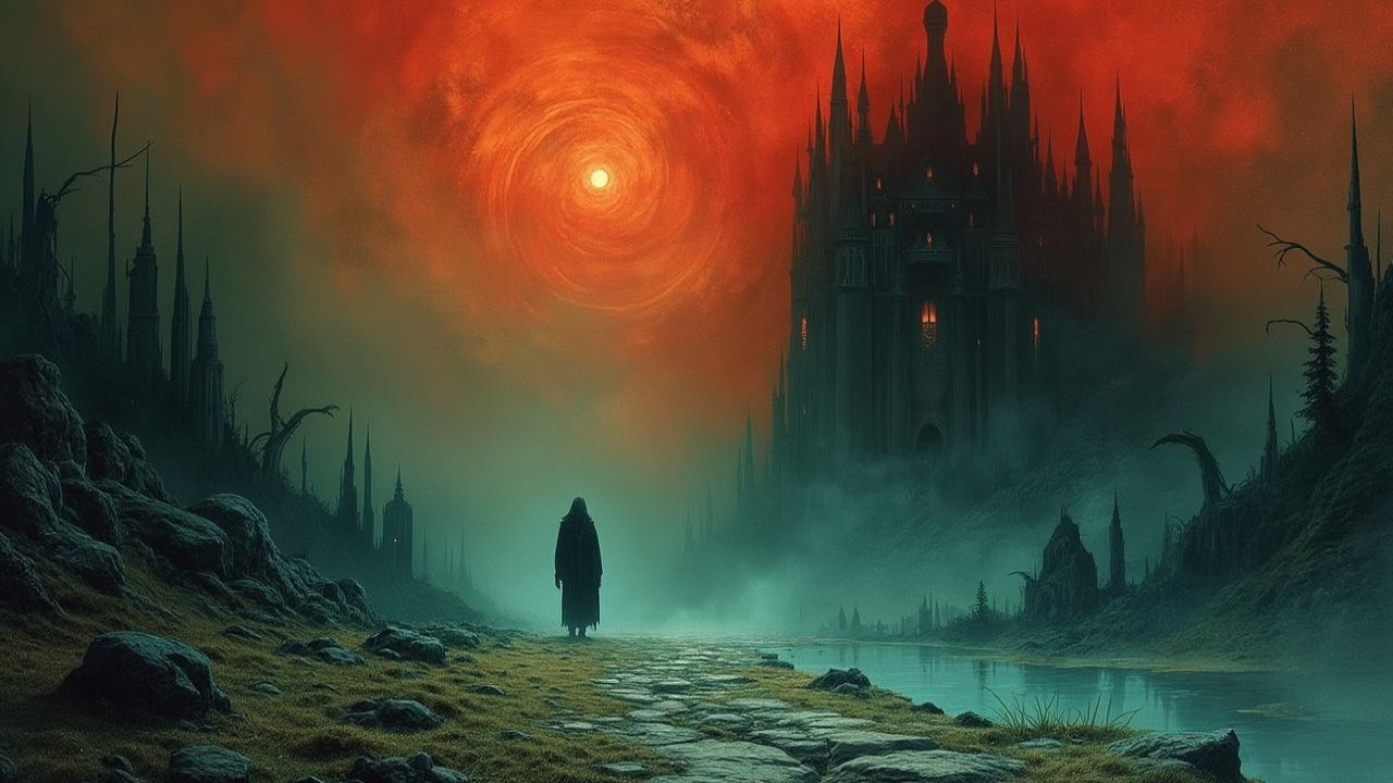 Cloaked Figure at Misty Path to Ominous Castle