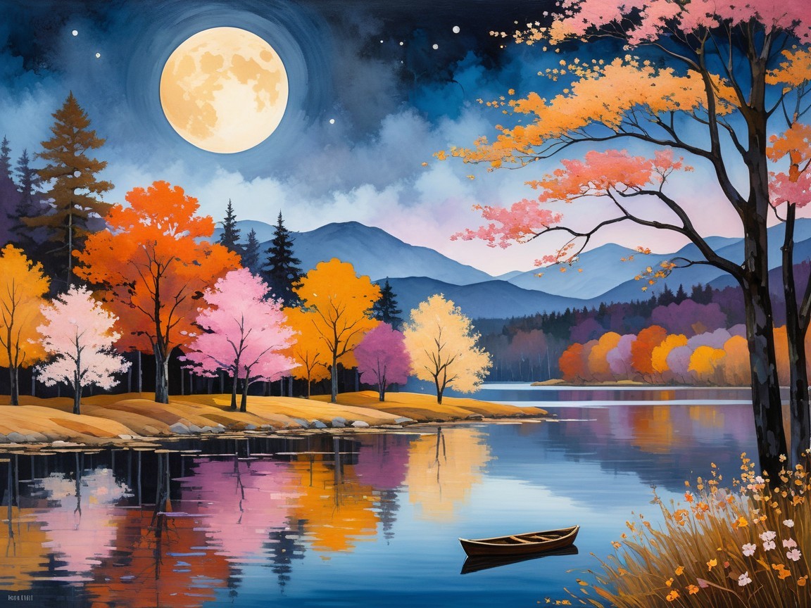 Vibrant Autumn Landscape with Tranquil Lake and Moon