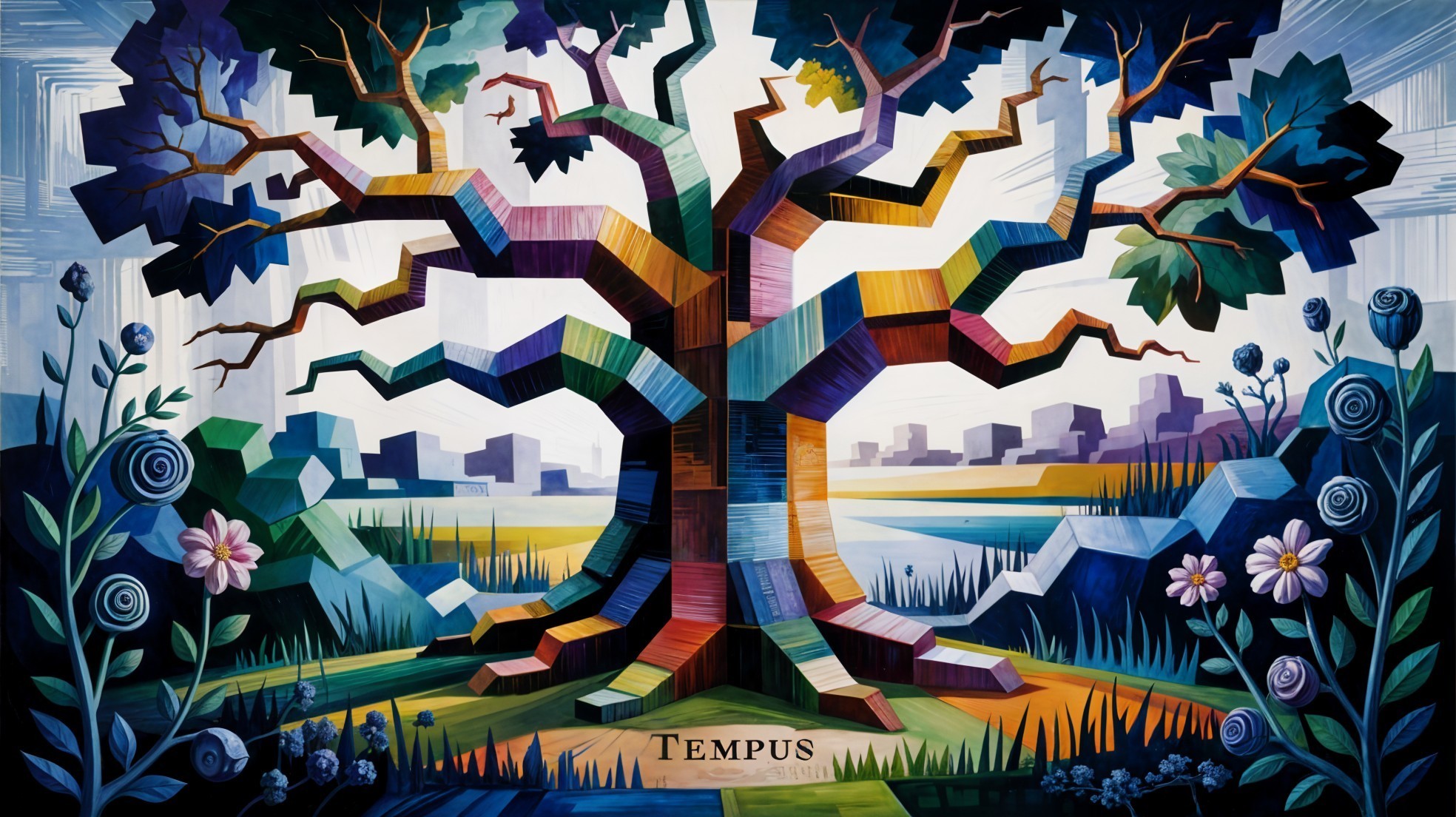 Vibrant Tree with Mosaic Colors and Serene Lake