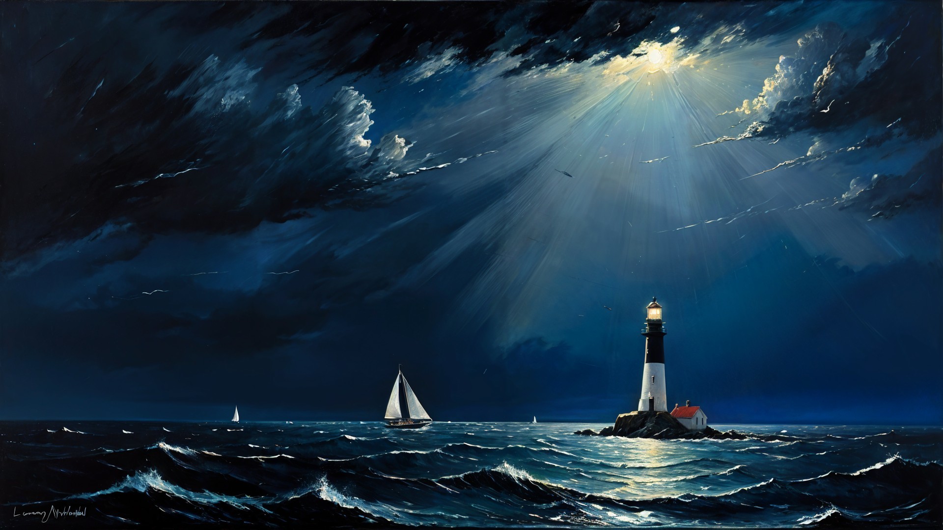 Seascape at Night with Lighthouse and Sailboat
