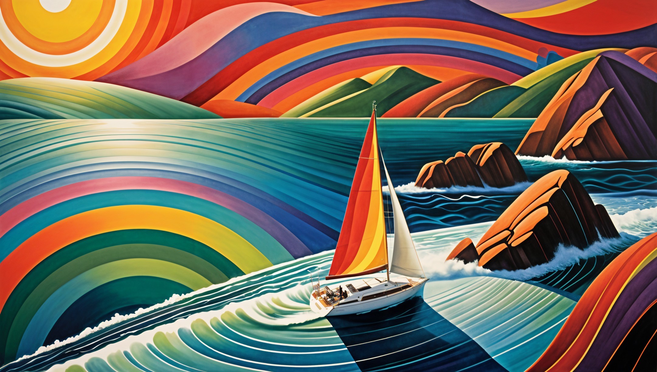 Vibrant Sailboat in Colorful Landscape Waves