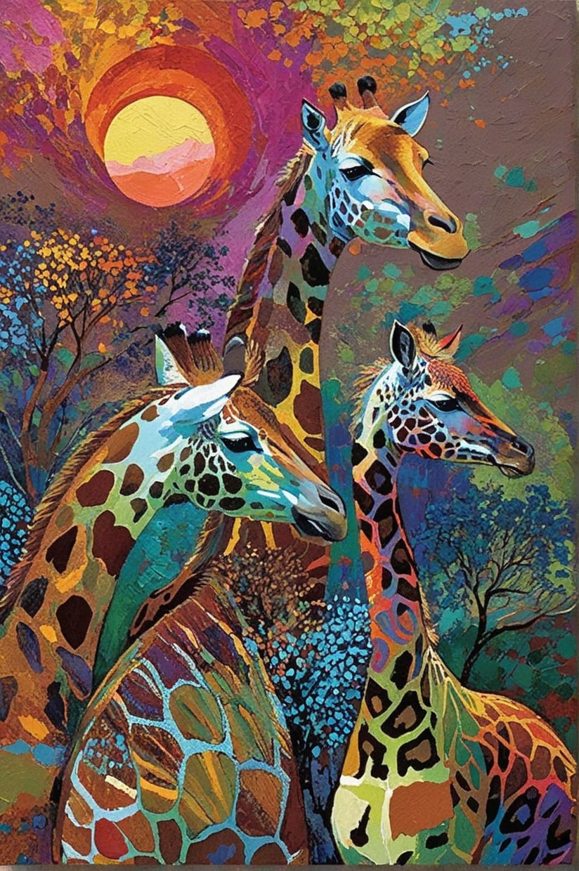 Colorful Giraffes in Abstract Sunset Landscape Painting
