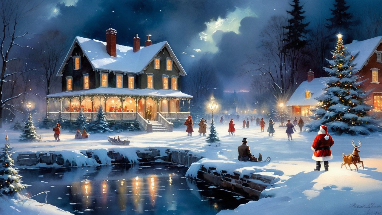 Snowy Winter Night Scene with Cozy House and Lights