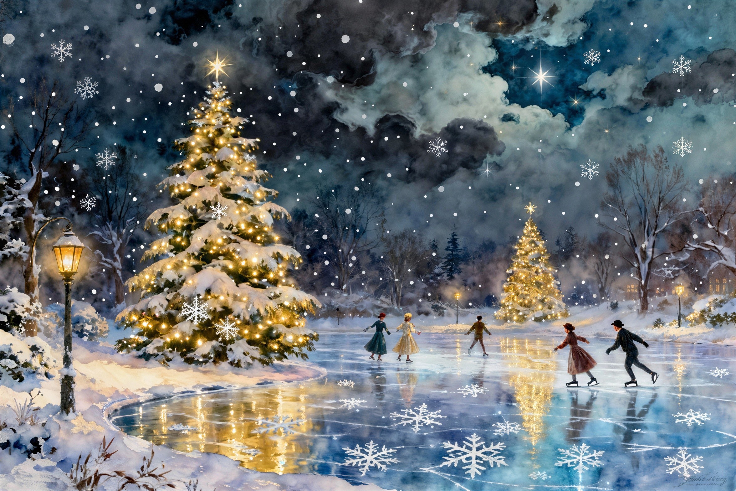 Snowy Christmas Town with Ice Skating Scene