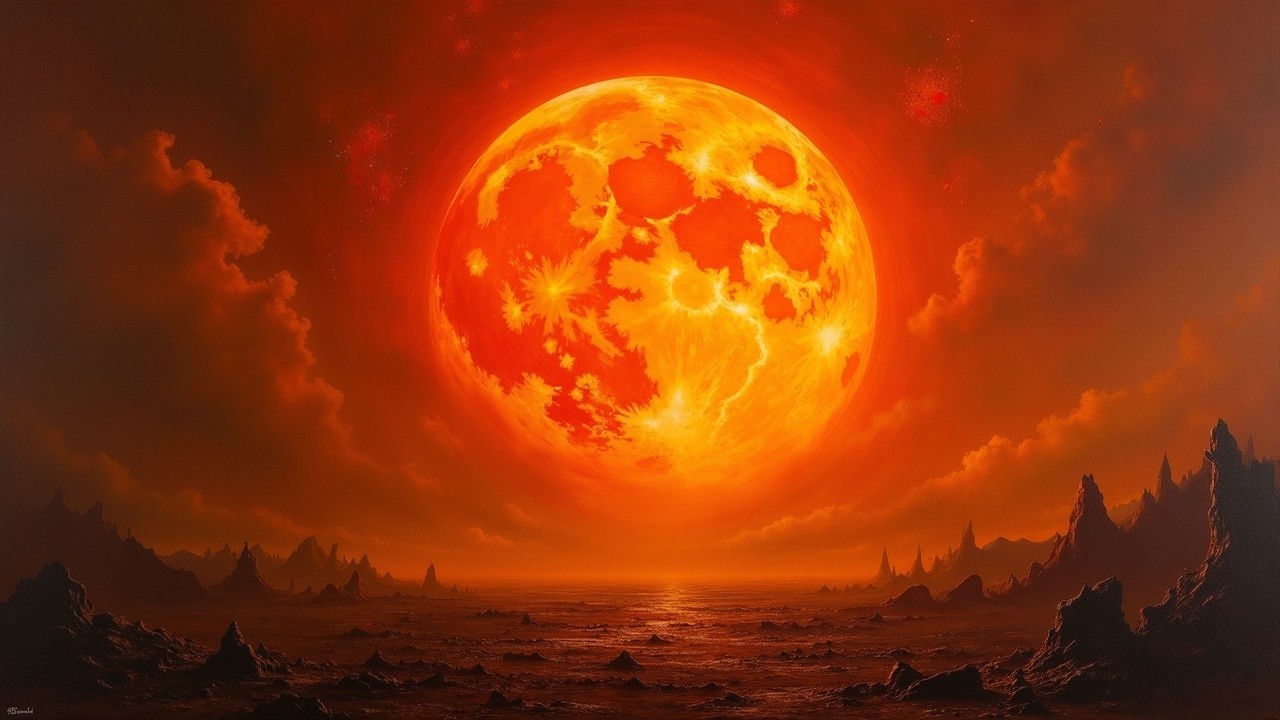 Gigantic Orange Moon Over Dramatic Landscape Scene