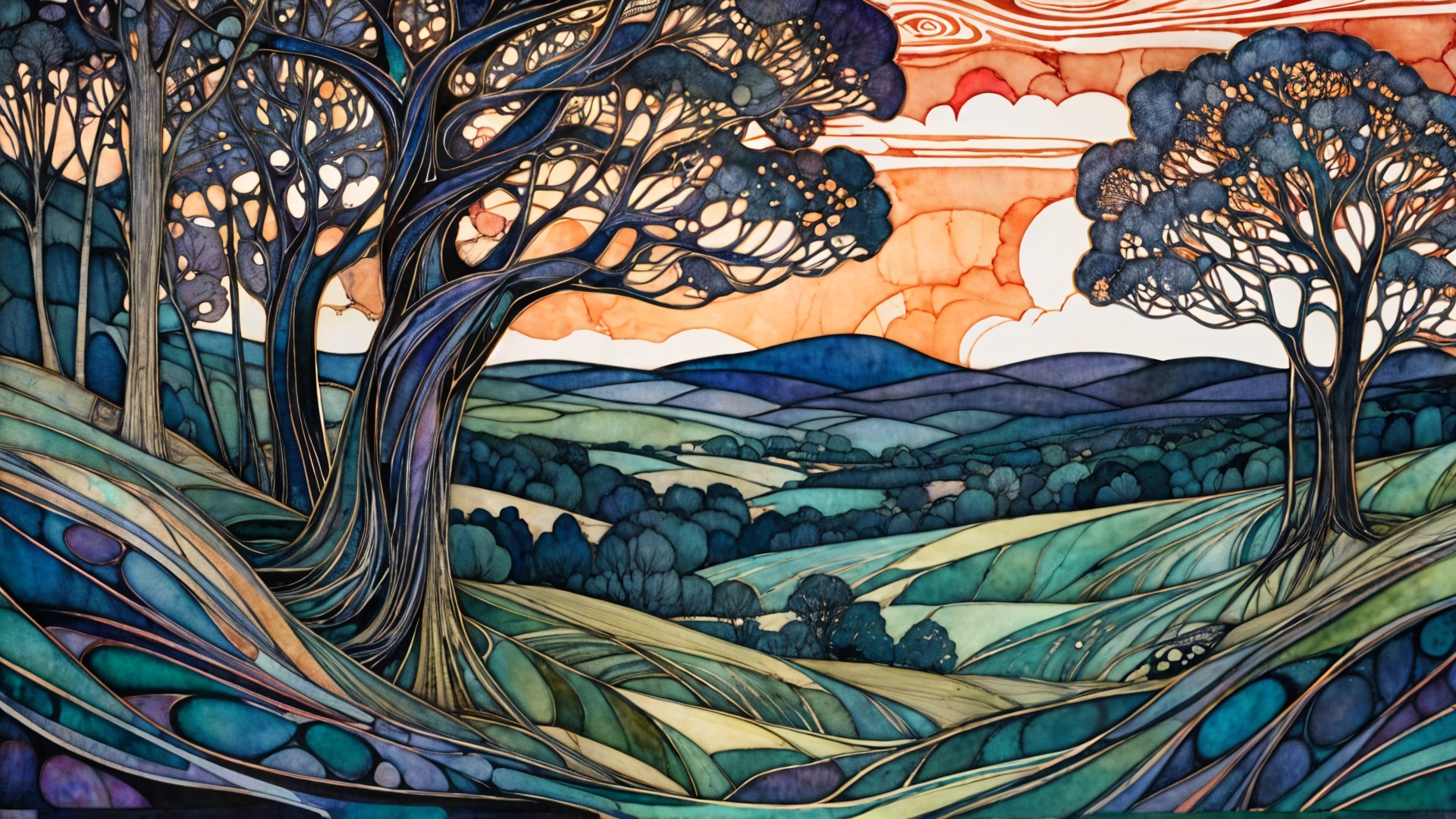 Vibrant Stylized Landscape with Majestic Trees