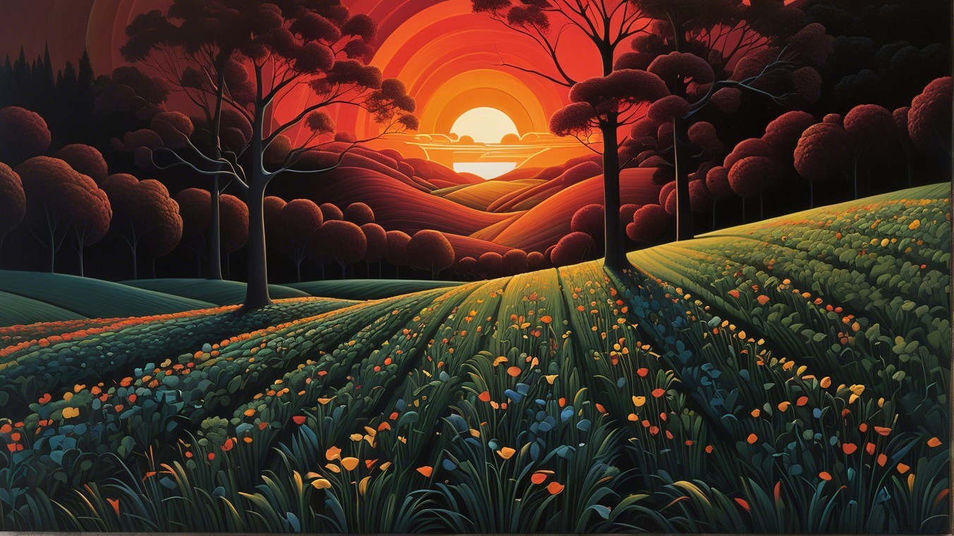 Vibrant Landscape of Rolling Hills at Sunset