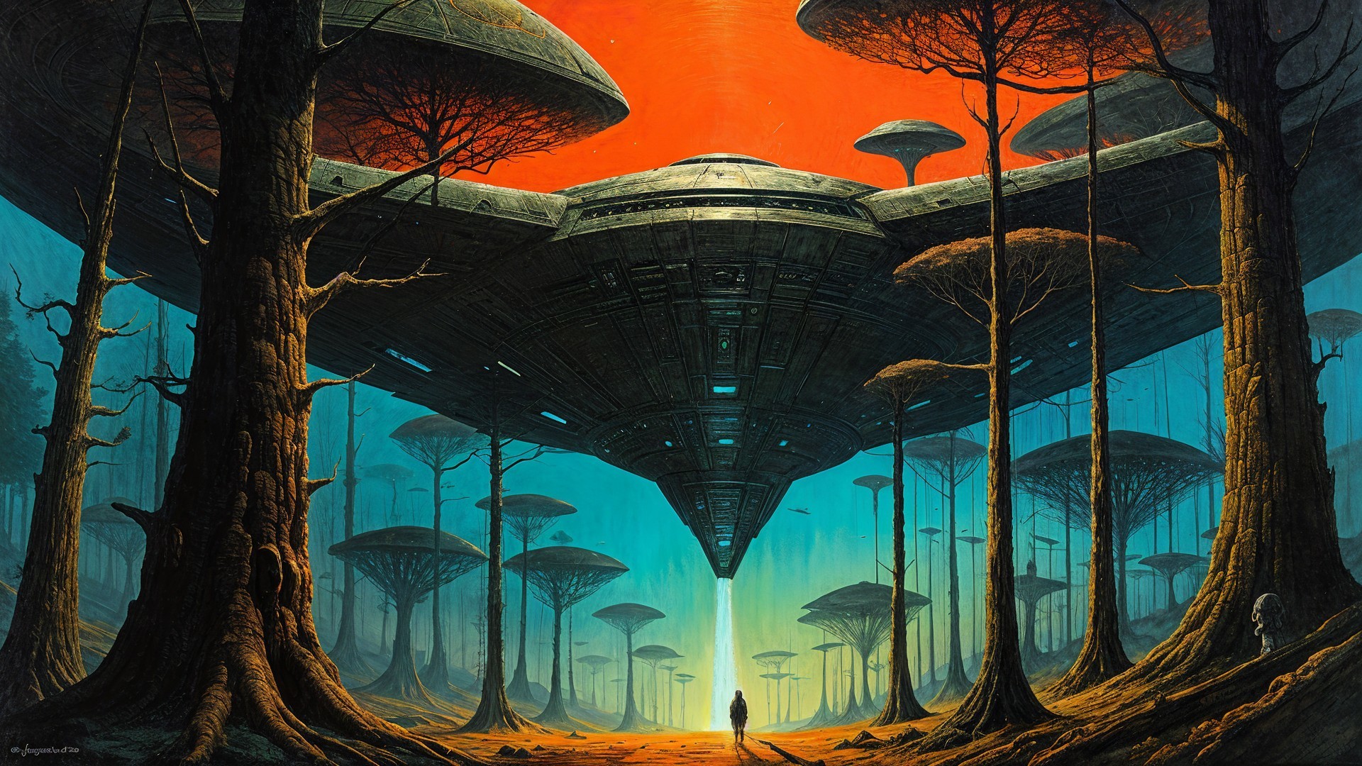 Surreal Landscape with Futuristic Spaceship and Forest