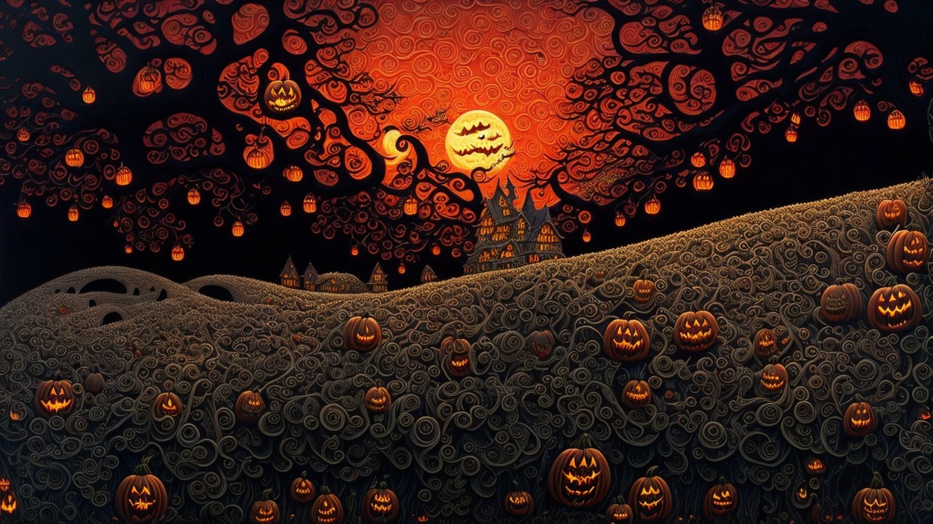 Whimsical Halloween Landscape with Glowing Moon and Trees