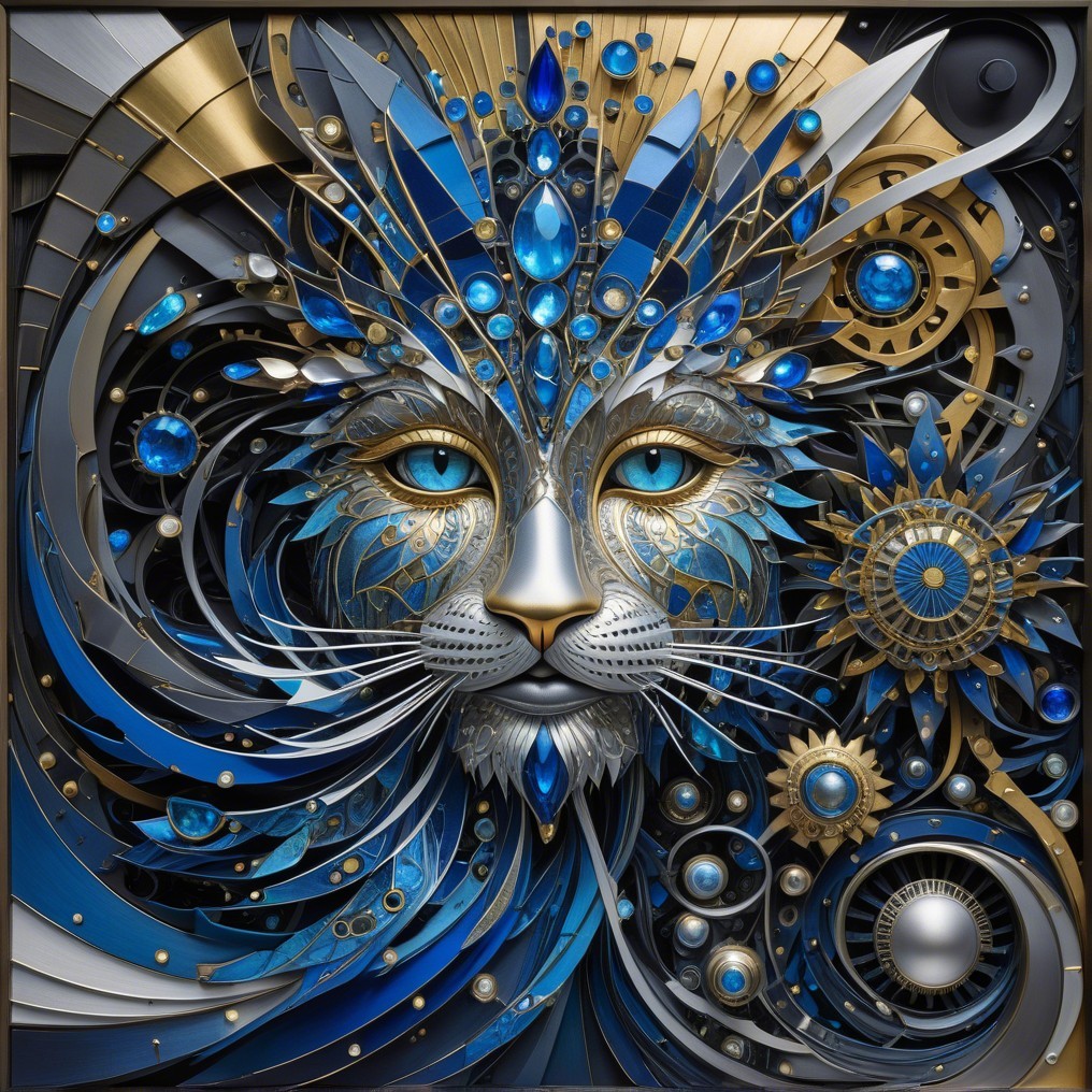 Intricate Lion Face Design with Metallic and Gem Elements
